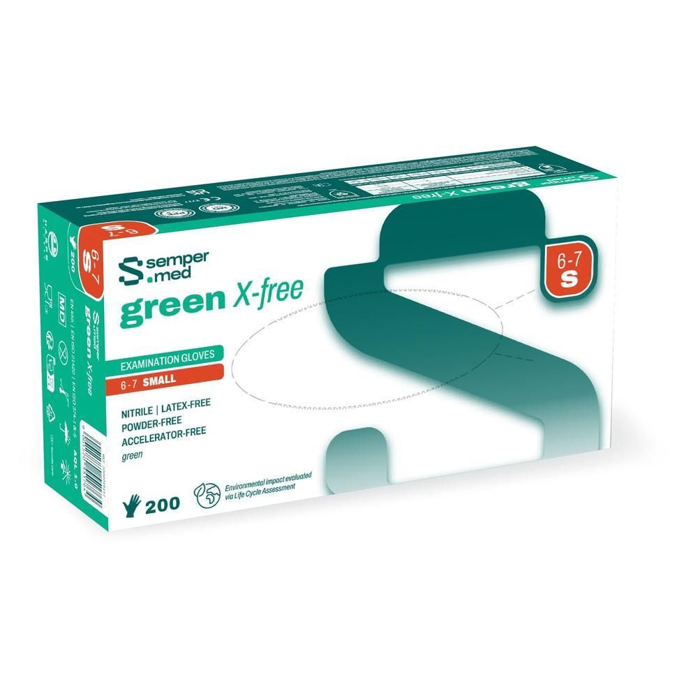 Boîte verte SEMPERMED green X-free. Gants, taille S, 6-7. 200 pièces. Sans nitrile, poudre et accélérateur.