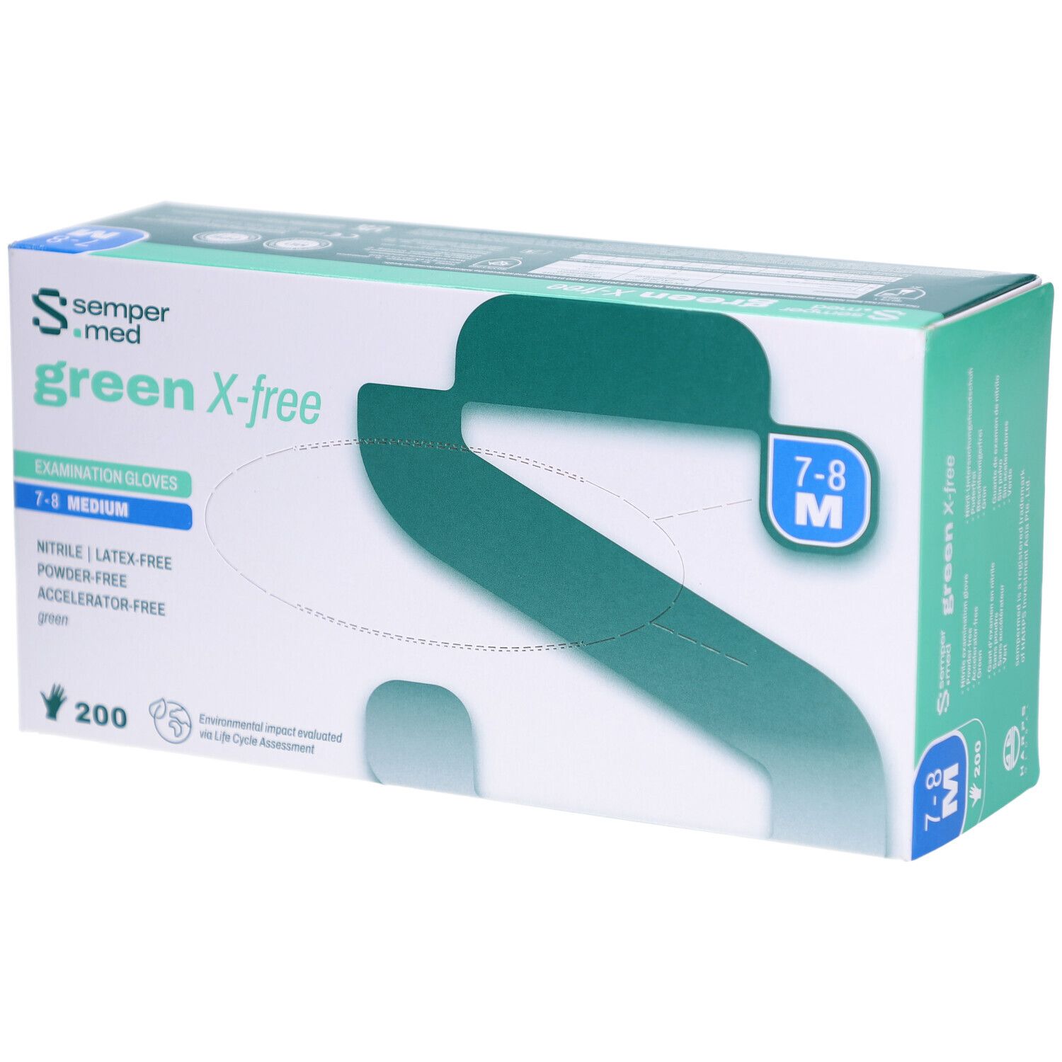 Grüne Box mit Handschuhen. Aufschrift: sempermed green X-free, 7-8 M, 200 Stück. Latex-, Puder- und Beschleunigerfrei.