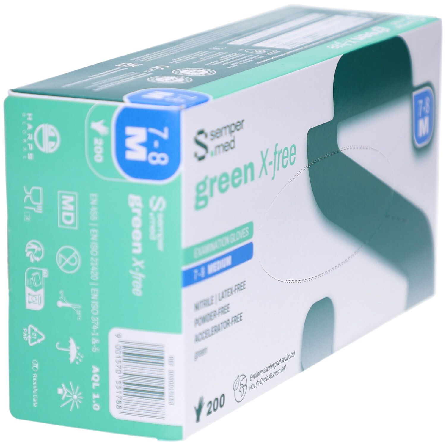 Box mit Handschuhen, Seitenansicht. Aufschrift: sempermed green X-free, 7-8 M, 200 Stück. Latex-, Puder- und Beschleunigerfrei.