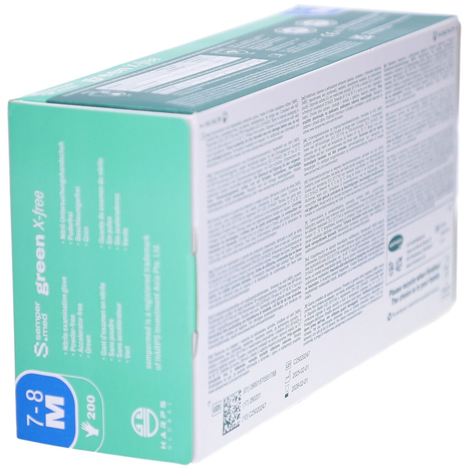 Box mit Handschuhen, schräge Ansicht. Aufschrift: sempermed green X-free, 7-8 M, 200 Stück. Latex-, Puder- und Beschleunigerfrei.