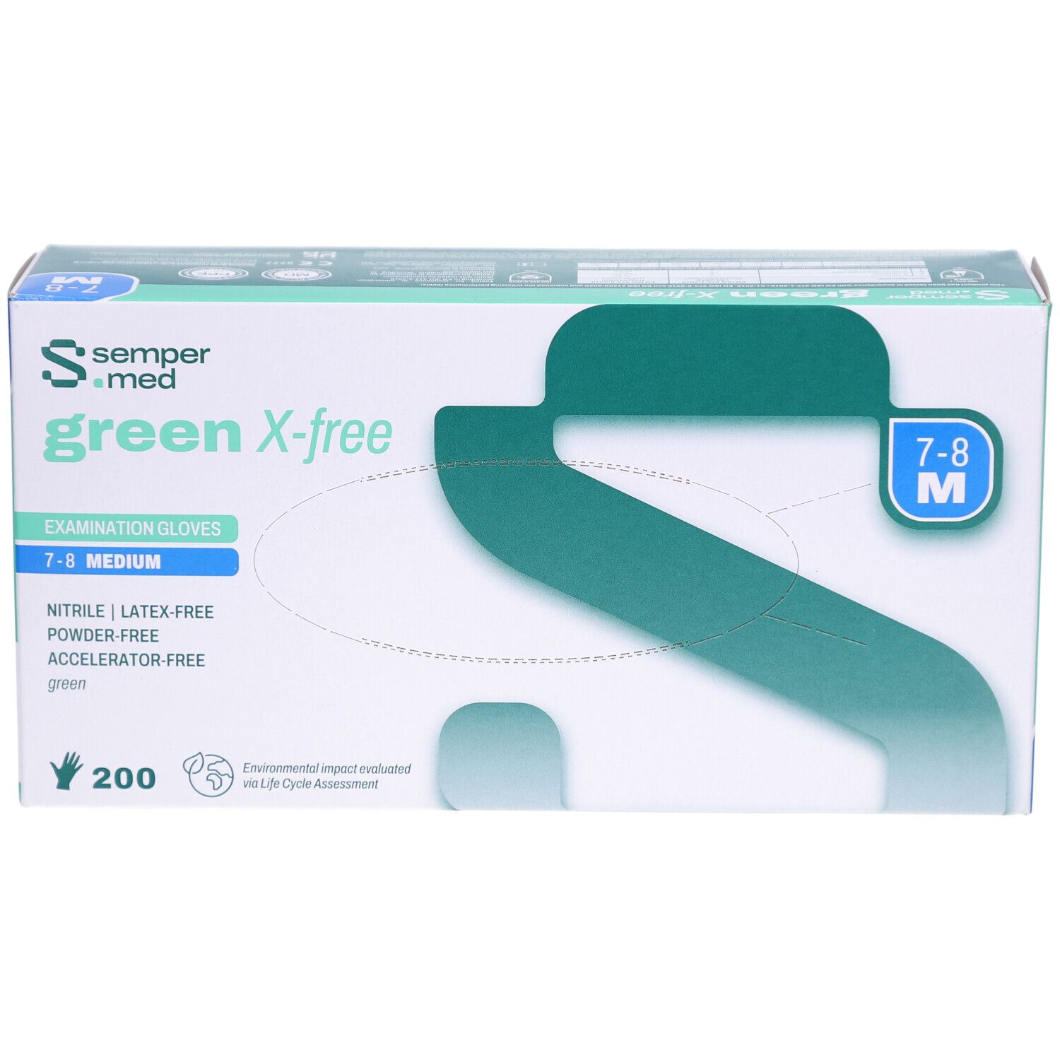 Grüne Box mit Handschuhen. Aufschrift: sempermed green X-free, 7-8 M, 200 Stück. Latex-, Puder- und Beschleunigerfrei.