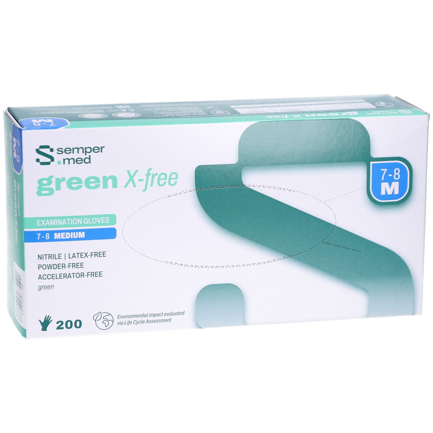 Grüne Box mit Handschuhen. Aufschrift: sempermed green X-free, 7-8 M, 200 Stück. Latex-, Puder- und Beschleunigerfrei.