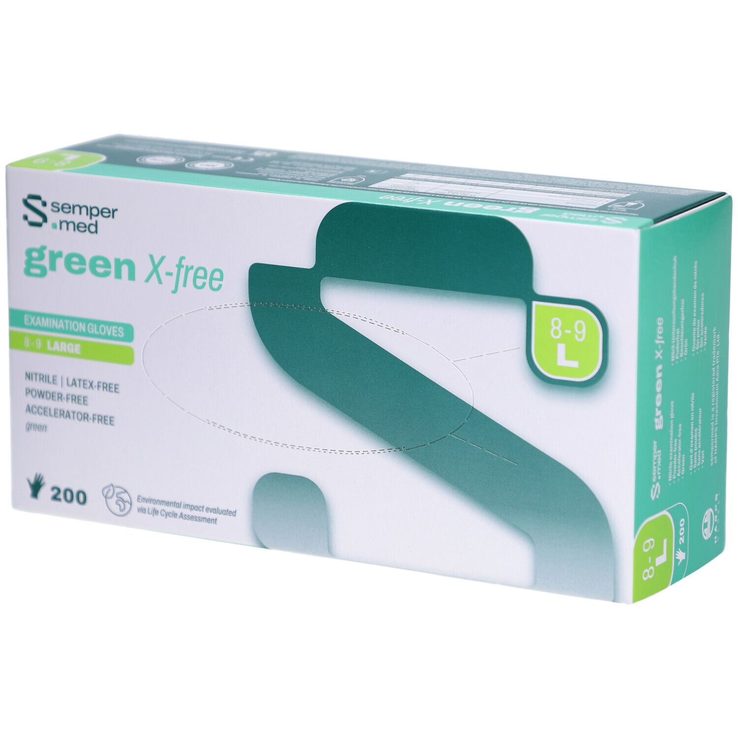 Karton mit SEMPERMED green X-free Untersuchungshandschuhen, Größe L, 200 Stück. Grün-weißes Design, Produktbezeichnung und Eigenschaften.