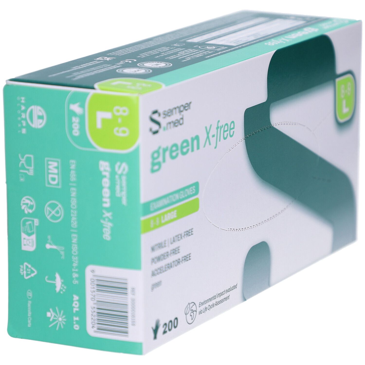 Schräg gestellte Box mit SEMPERMED green X-free Untersuchungshandschuhen. Größe L, 200 Stück. Grün-weißes Design, Produktinformationen.