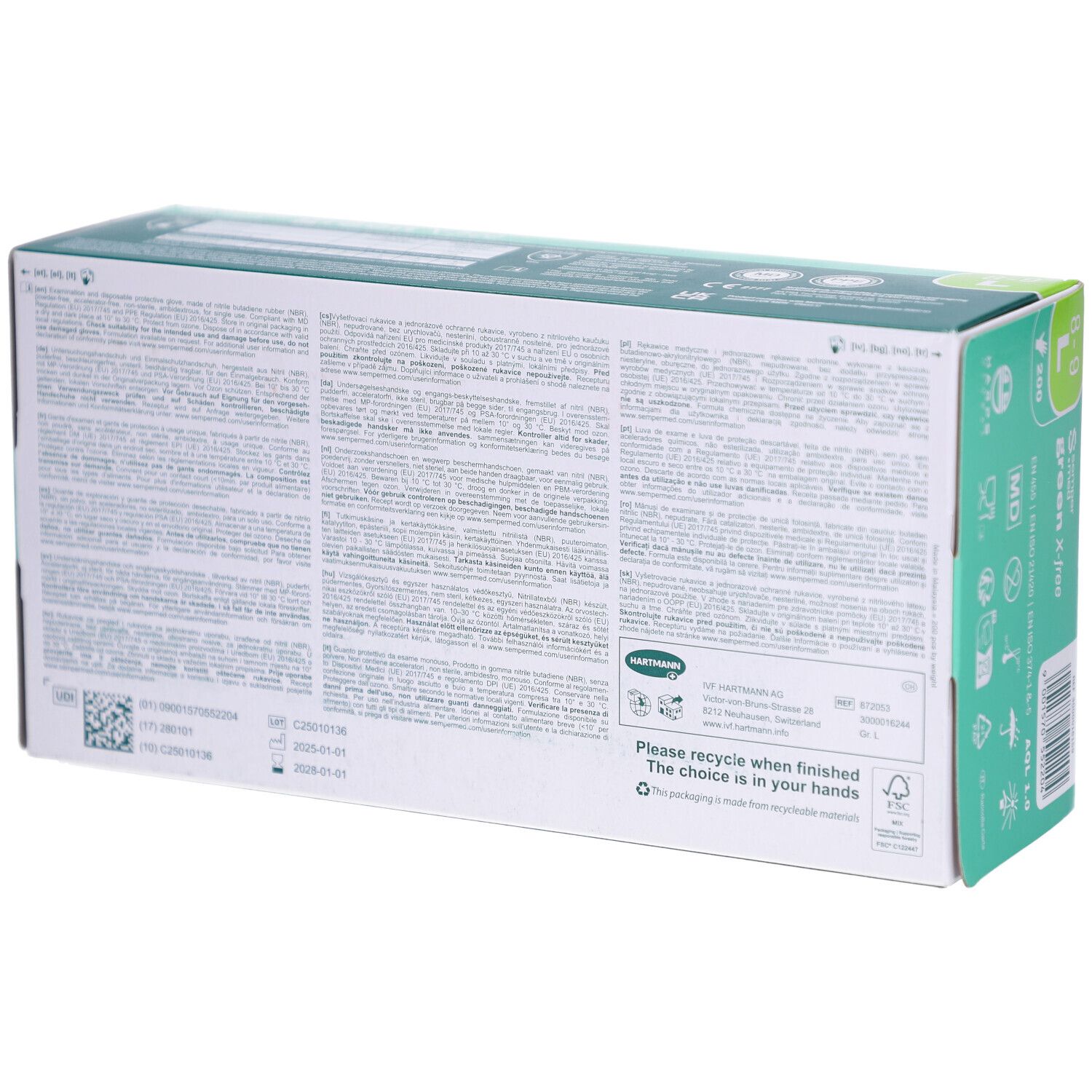 Rückseite der Box mit SEMPERMED green X-free Untersuchungshandschuhen. Text in mehreren Sprachen, Produktinformationen und Logos.