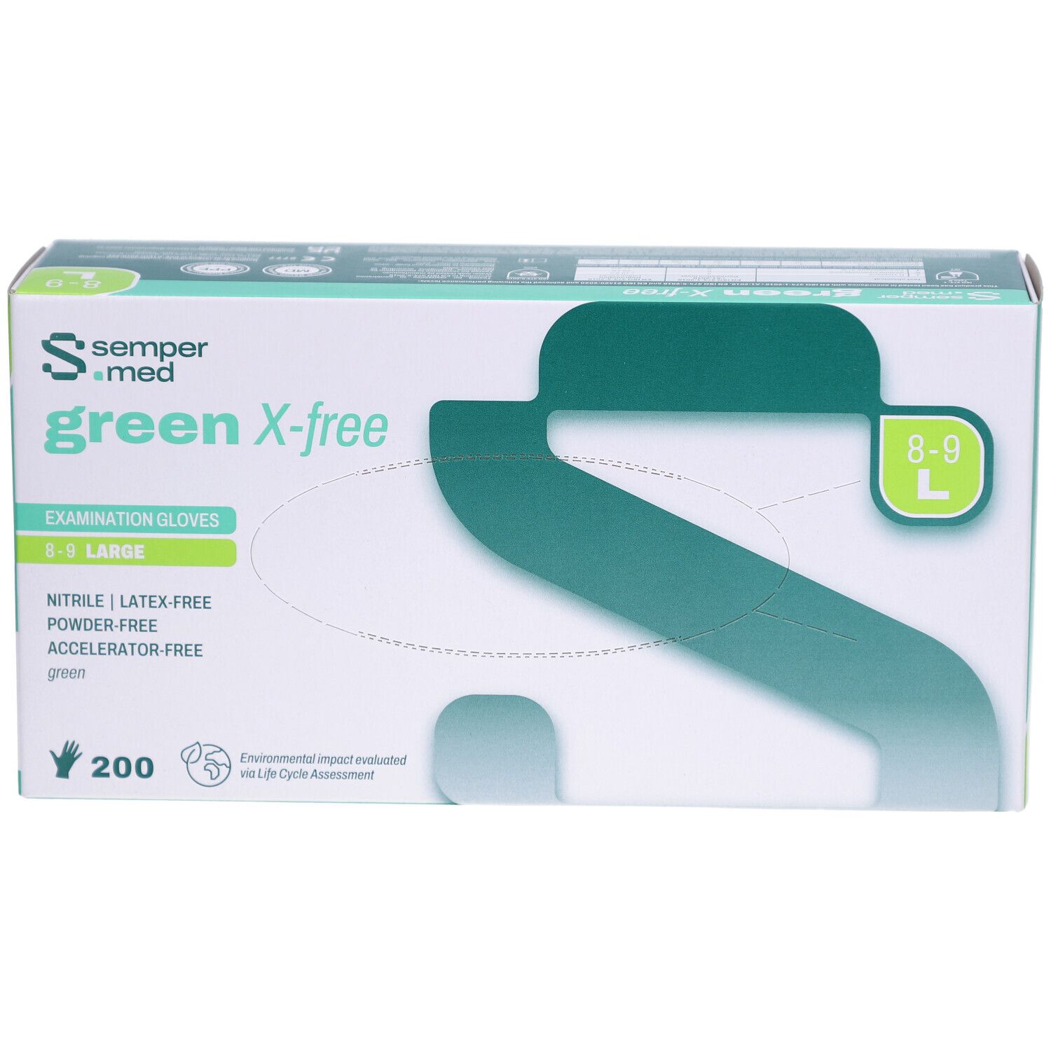 Box mit SEMPERMED green X-free Untersuchungshandschuhen, Größe L, 200 Stück. Grün-weißes Design, Produktbezeichnung und Eigenschaften.