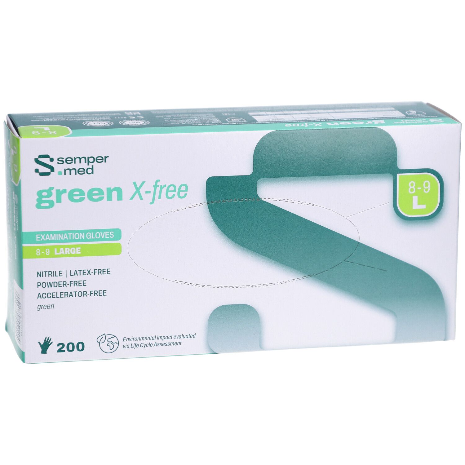 Box mit SEMPERMED green X-free Untersuchungshandschuhen, Größe L, 200 Stück. Grün-weißes Design, Produktbezeichnung und Eigenschaften.