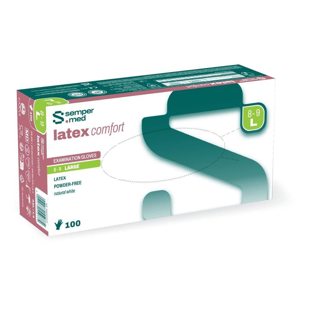Verpackung von Sempermed Latex Comfort Untersuchungshandschuhen, Größe L, 100 Stück.