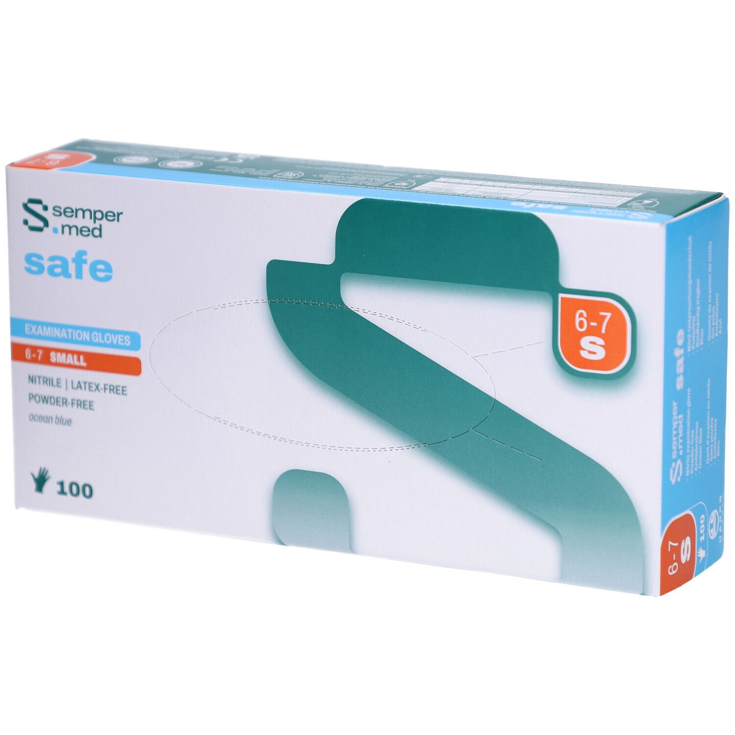Verpackung mit SEMPERMED safe Untersuchungshandschuhen. Größe S, 100 Stück. Nitril, latexfrei, puderfrei. Farbe: Ozeanblau.