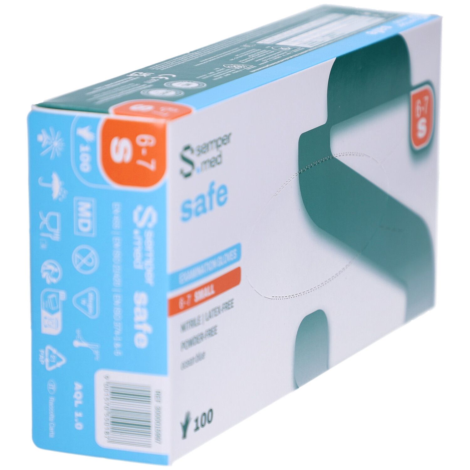 Seitenansicht der Verpackung mit SEMPERMED safe Untersuchungshandschuhen. Größe S, 100 Stück. Nitril, latexfrei, puderfrei.