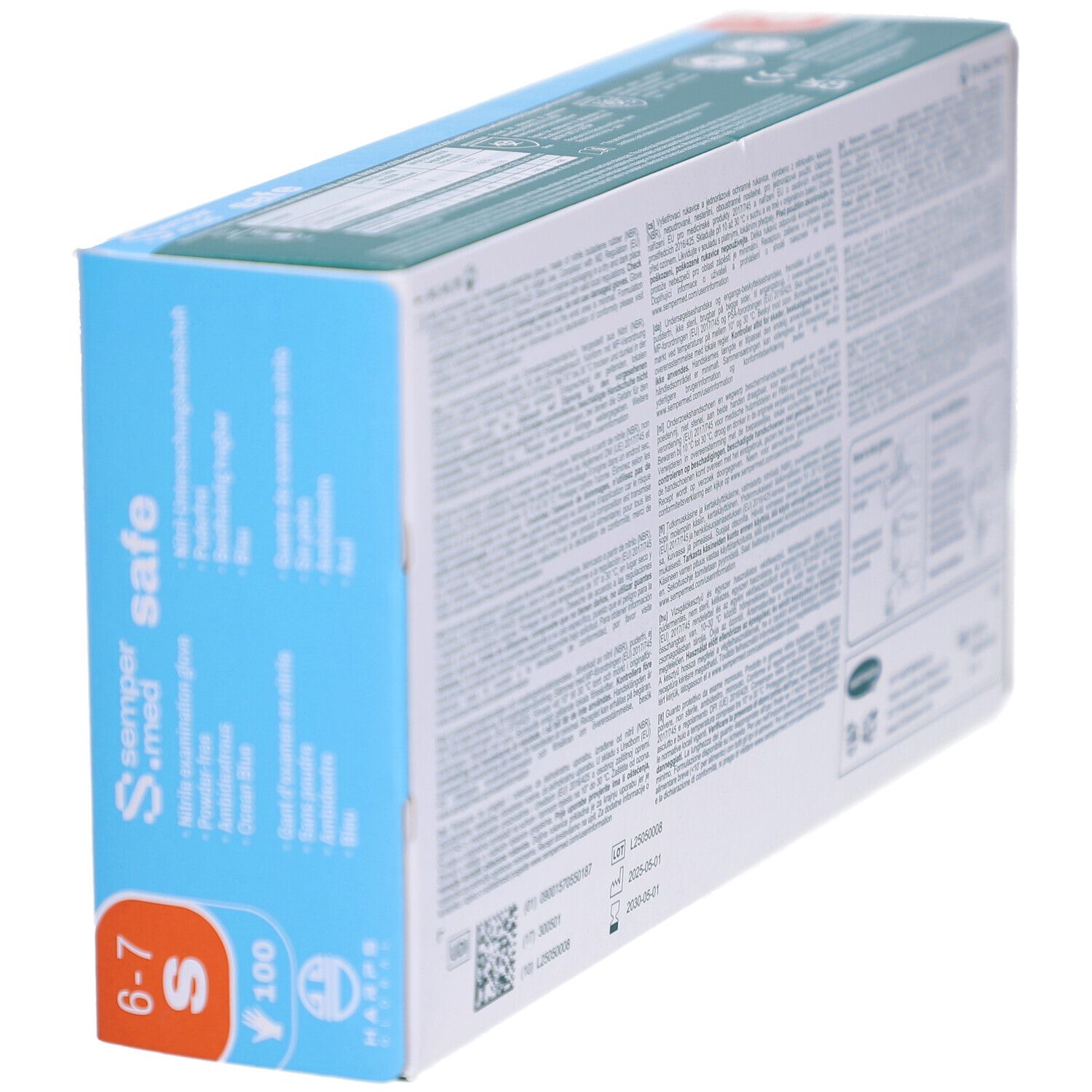 Seitenansicht der Verpackung mit SEMPERMED safe Untersuchungshandschuhen. Enthält Produktinformationen und Größenangaben.
