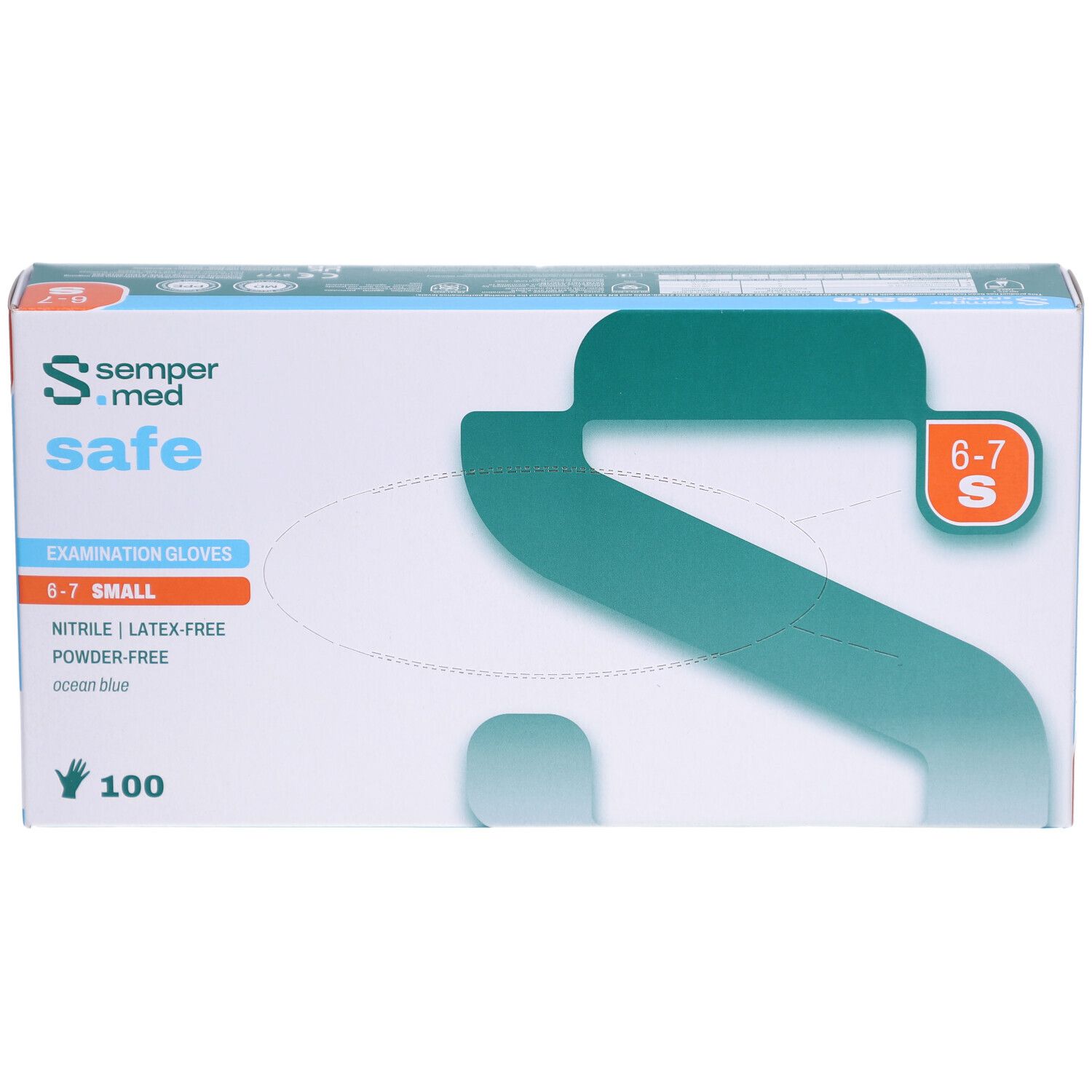 Verpackung mit SEMPERMED safe Untersuchungshandschuhen. Größe S, 100 Stück. Nitril, latexfrei, puderfrei. Farbe: Ozeanblau.
