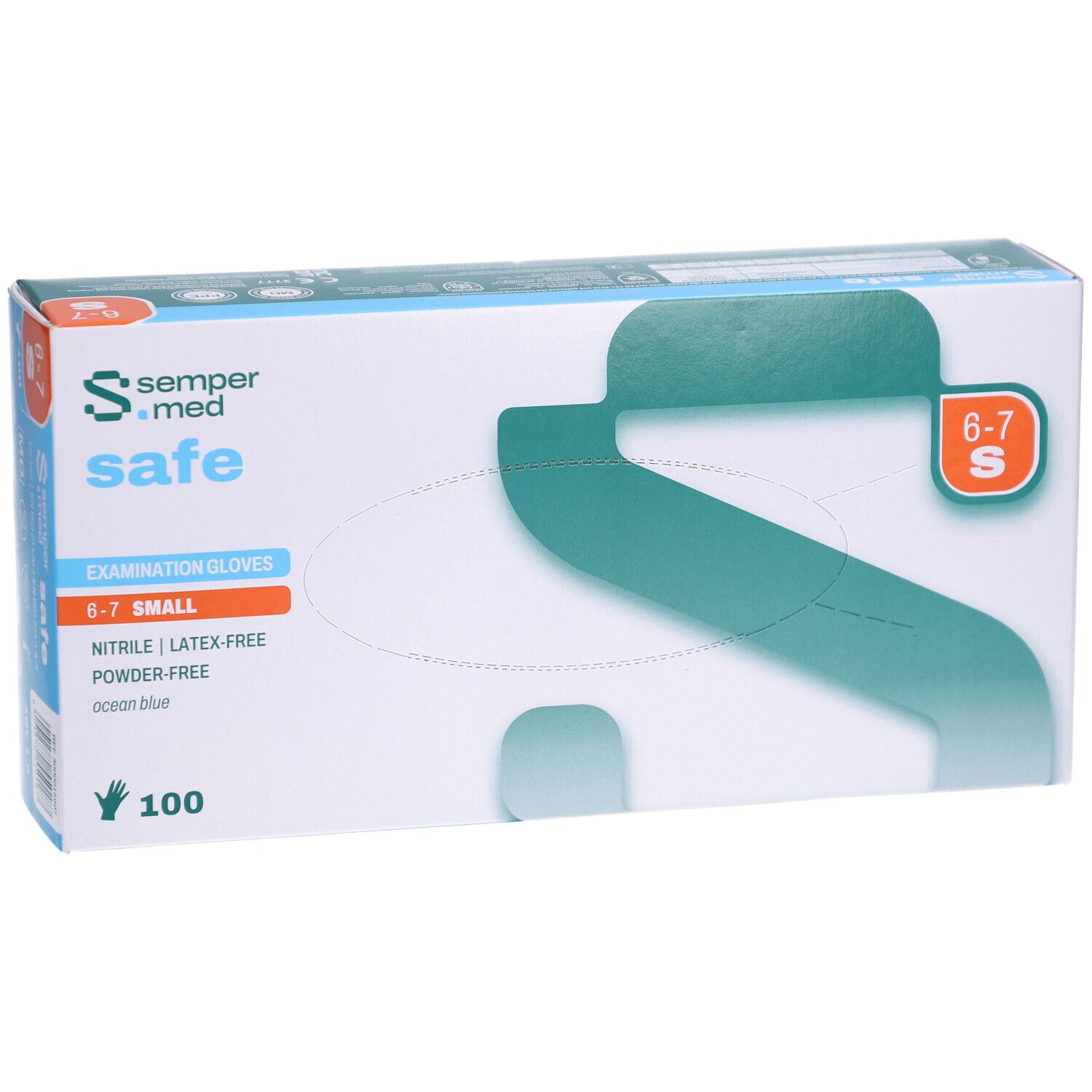 Verpackung mit SEMPERMED safe Untersuchungshandschuhen. Größe S, 100 Stück. Nitril, latexfrei, puderfrei. Farbe: Ozeanblau.