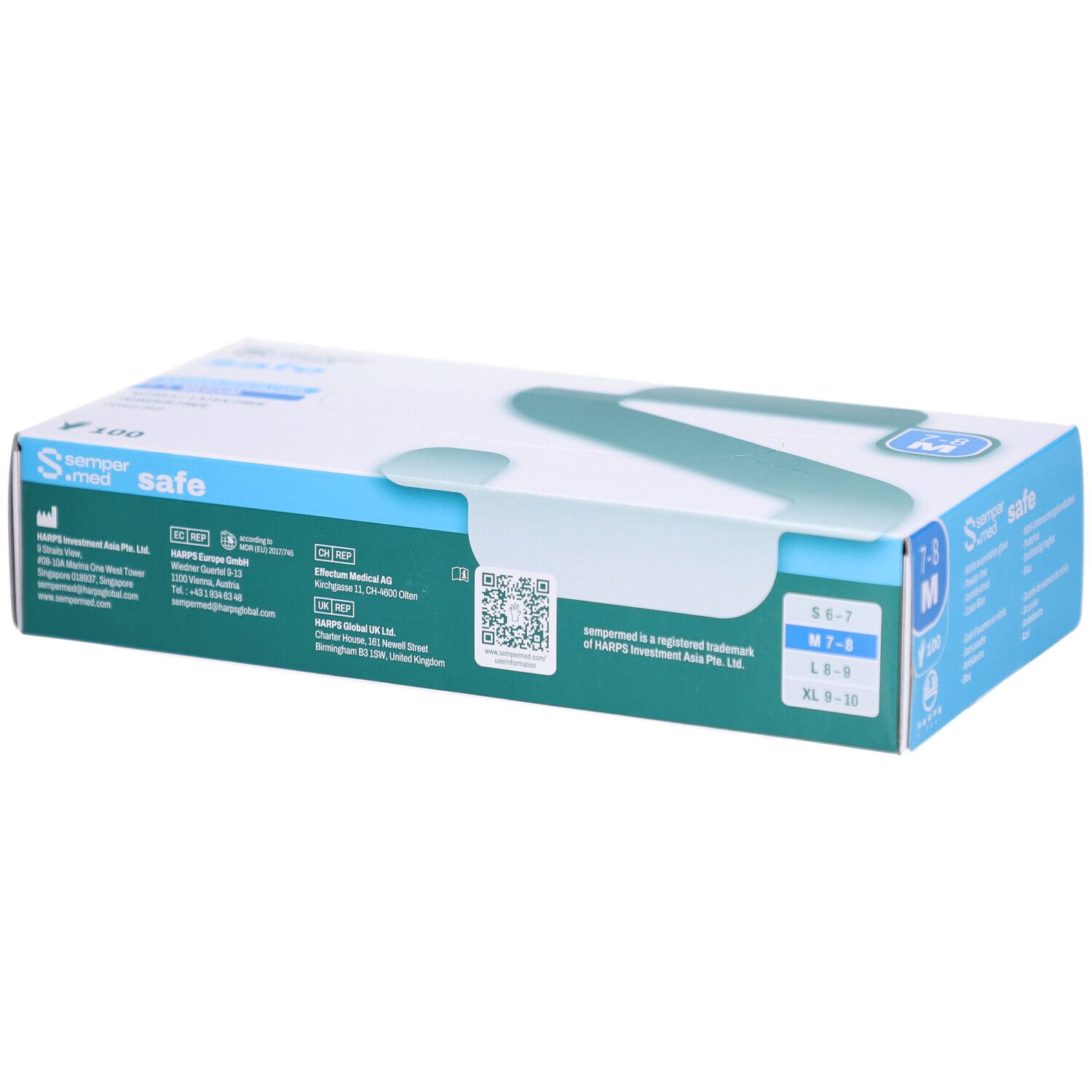 Verpackung von SEMPERMED Safe M. Blaue und grüne Box mit Produktinformationen und Größenangaben. Das Logo ist sichtbar.