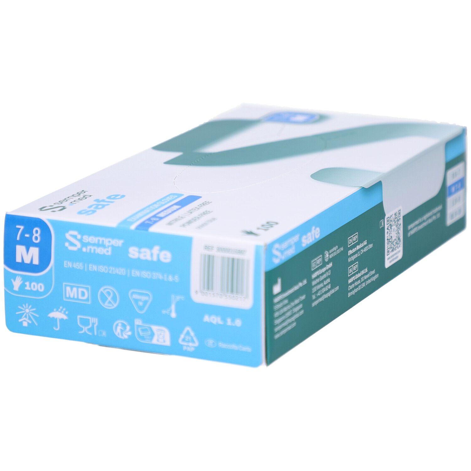 Verpackung von SEMPERMED Safe M. Blaue und grüne Box mit Produktinformationen und Größenangaben. Das Logo ist sichtbar.