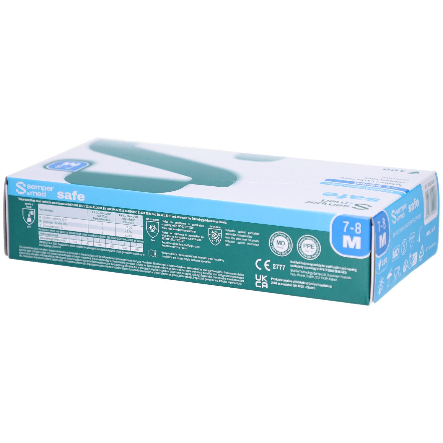 Verpackung von SEMPERMED Safe M. Blaue und grüne Box mit Produktinformationen und Größenangaben. Das Logo ist sichtbar.