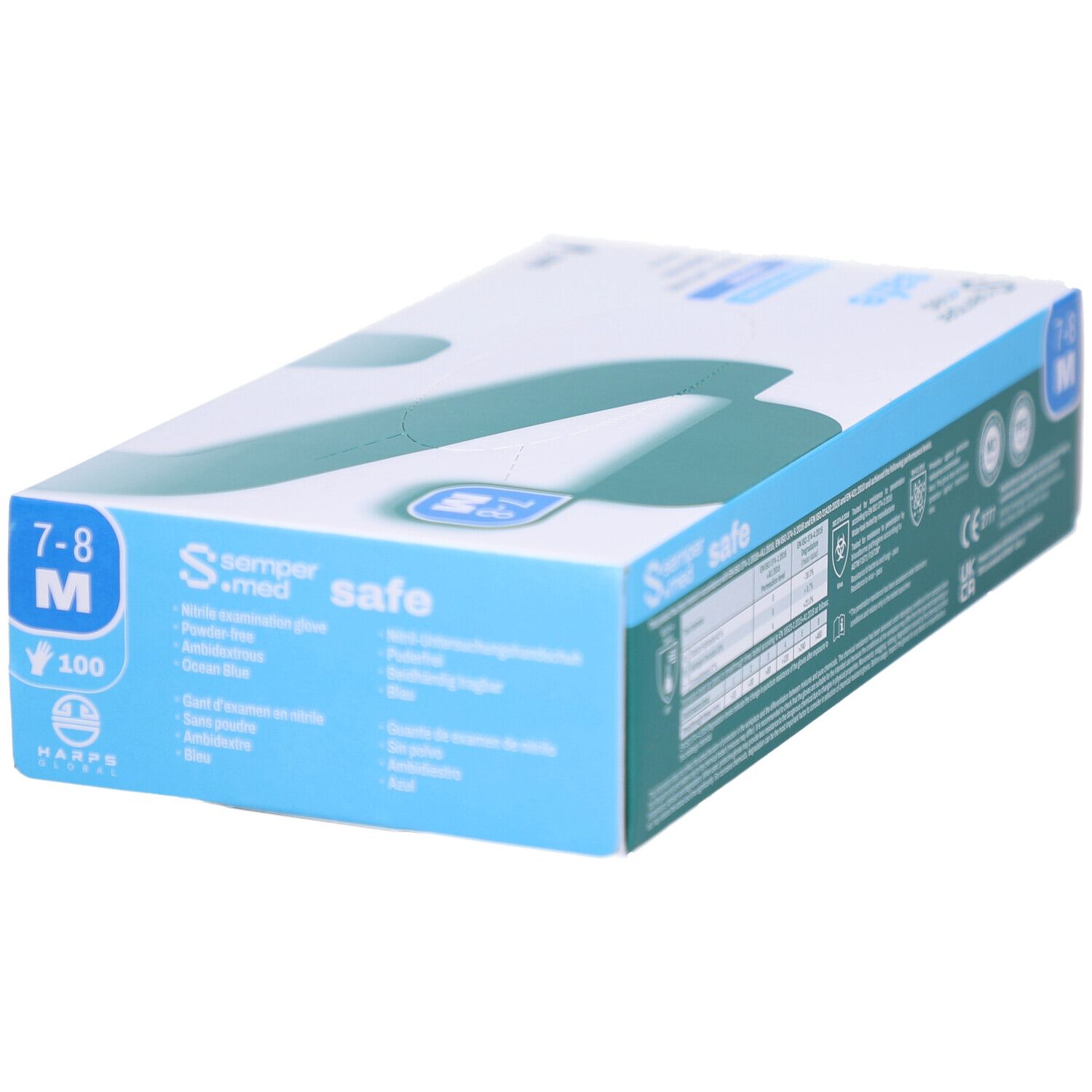 Verpackung von SEMPERMED Safe M. Blaue und grüne Box mit Produktinformationen und Größenangaben. Das Logo ist sichtbar.