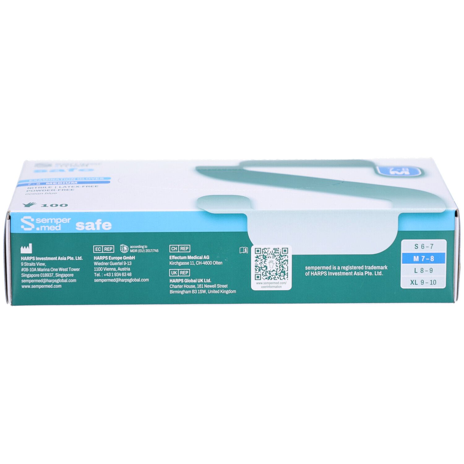 Verpackung von SEMPERMED Safe M. Blaue und grüne Box mit Produktinformationen und Größenangaben. Das Logo ist sichtbar.