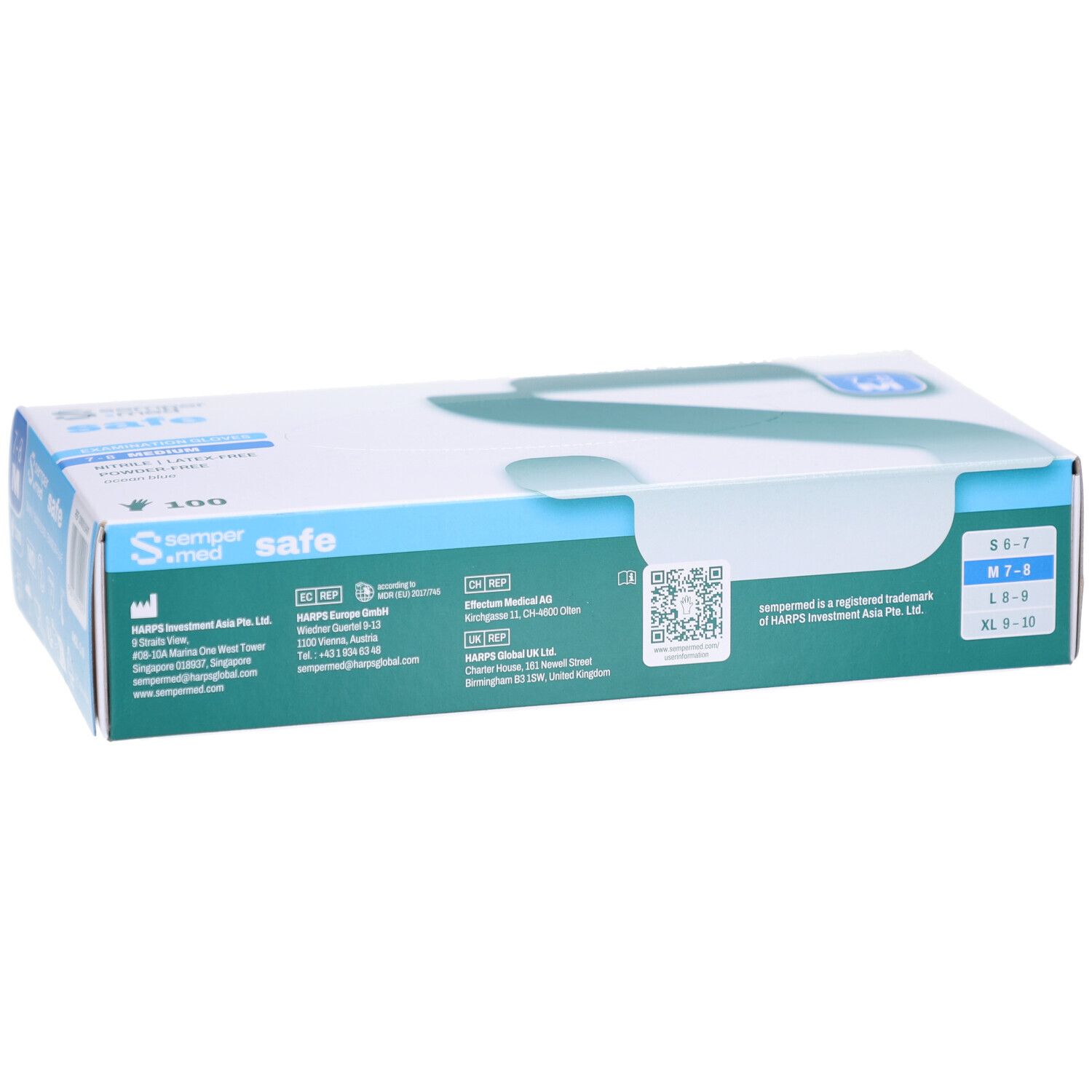 Verpackung von SEMPERMED Safe M. Blaue und grüne Box mit Produktinformationen und Größenangaben. Das Logo ist sichtbar.