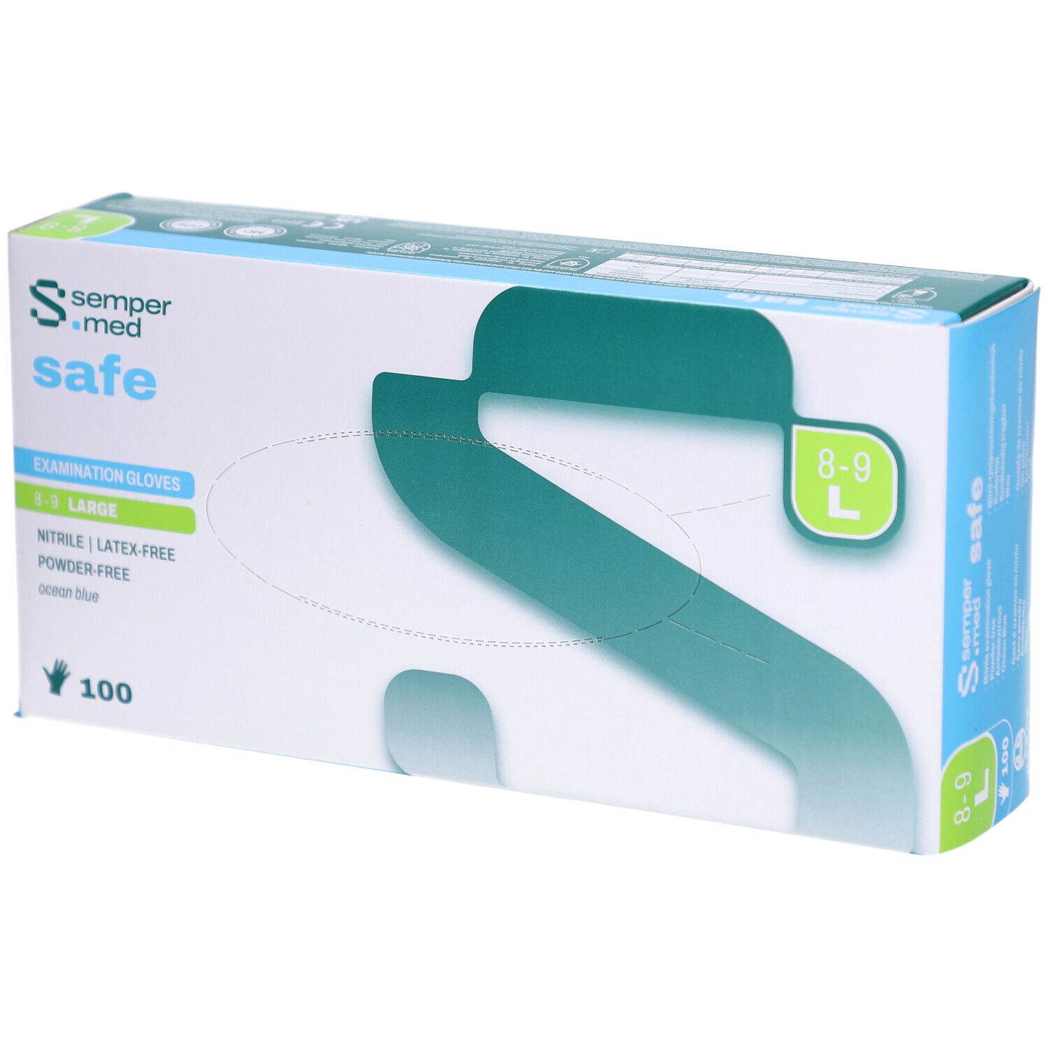 Karton mit SEMPERMED safe Untersuchungshandschuhen, Größe L, 100 Stück. Nitril, latexfrei, puderfrei. Blaue Farbe.