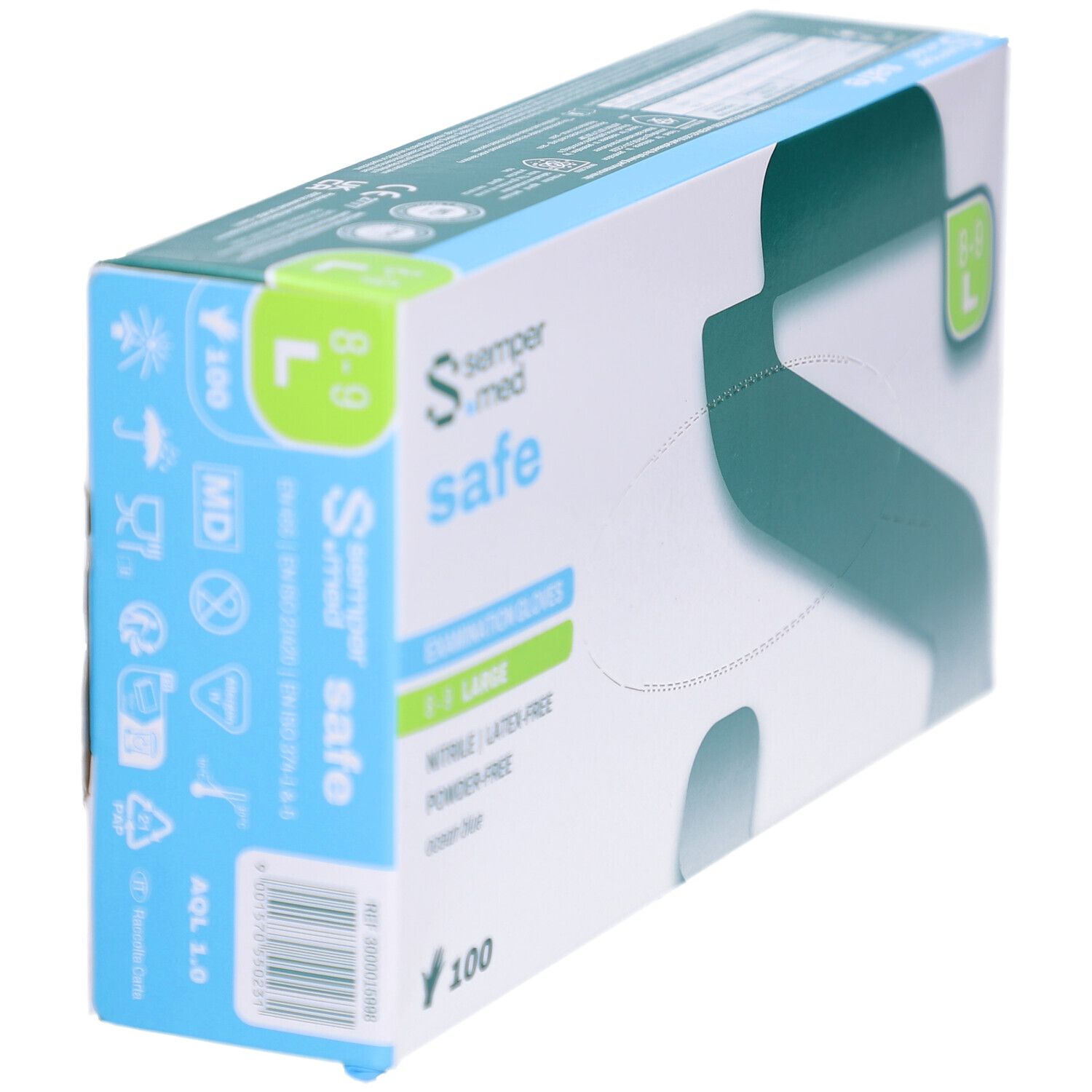Karton mit SEMPERMED safe Untersuchungshandschuhen, Größe L. Nitril, latexfrei, puderfrei. Blaue Farbe. Ansicht von der Seite.
