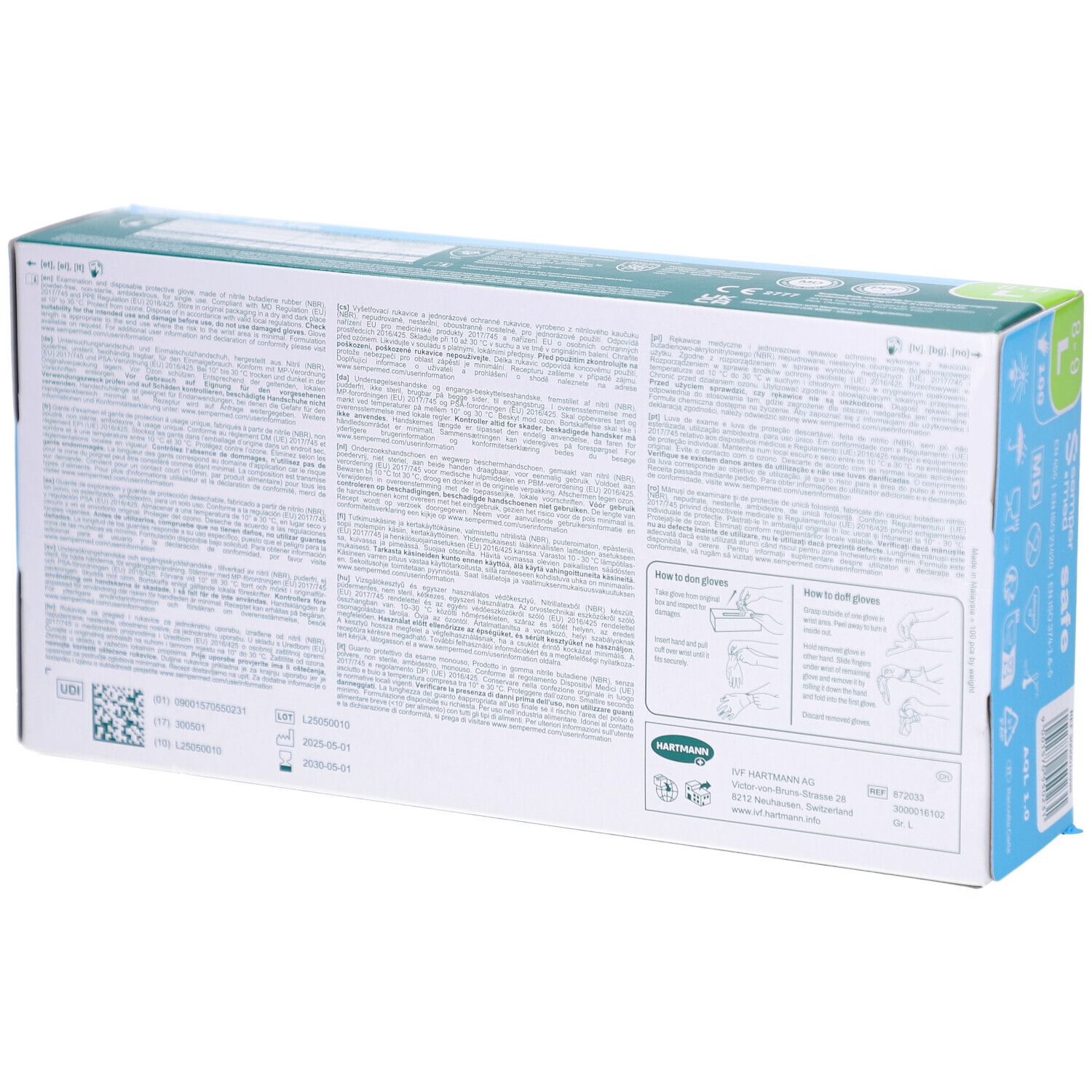 Rückseite des Kartons mit SEMPERMED safe Untersuchungshandschuhen. Text in mehreren Sprachen. Anweisungen zum Anziehen und Ausziehen.