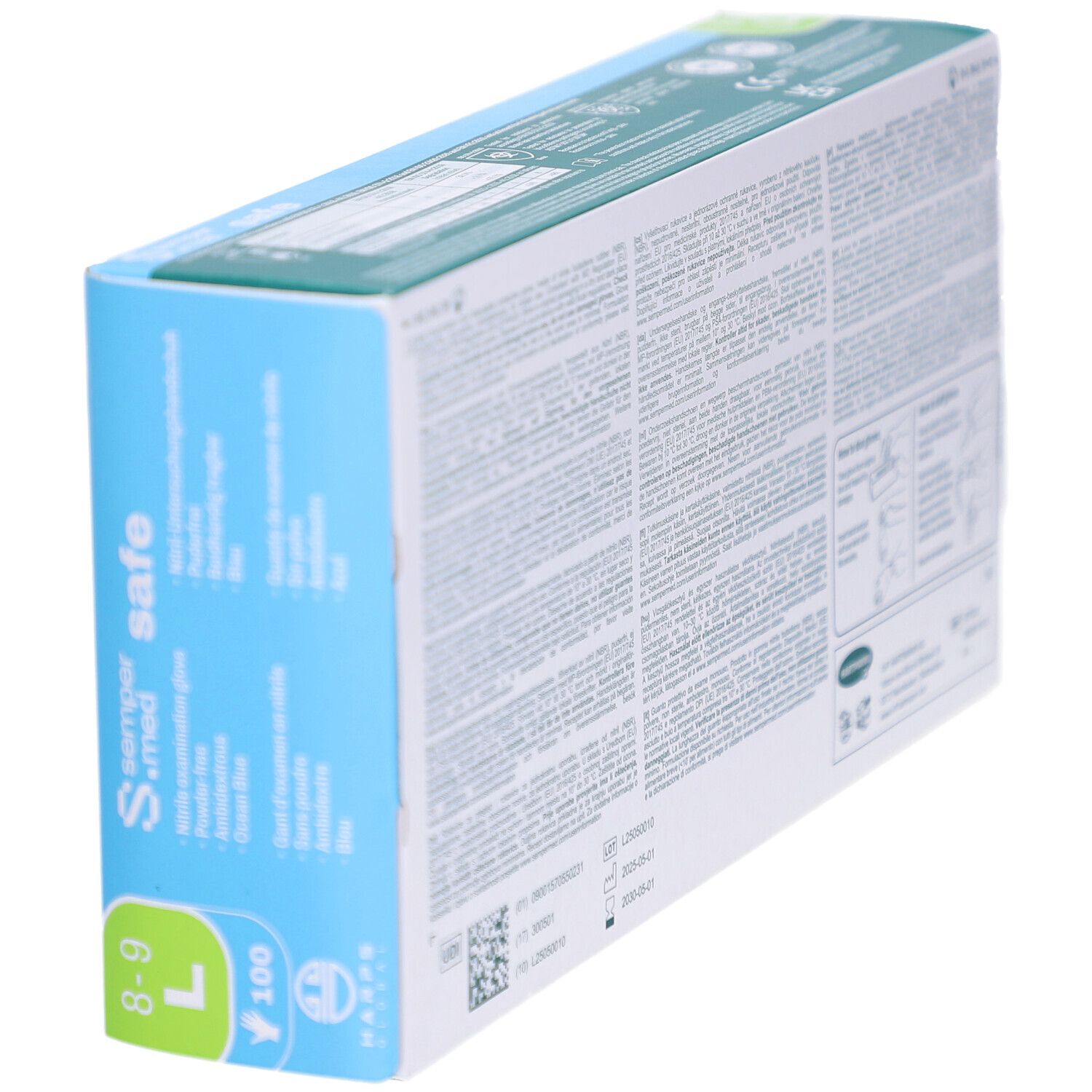Karton mit SEMPERMED safe Untersuchungshandschuhen, Größe L. Rückseite mit Text und Informationen. Blaue und grüne Farbtöne.
