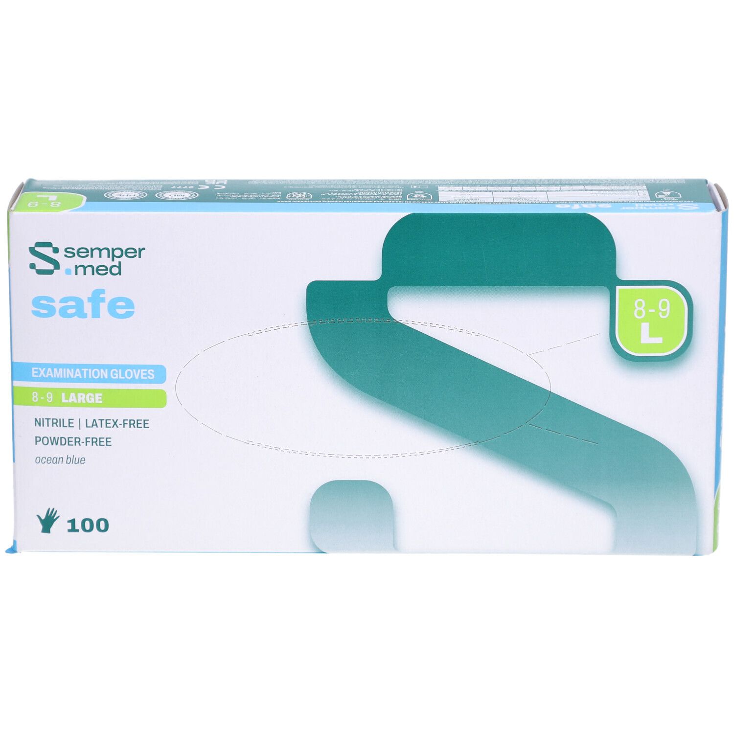 Karton mit SEMPERMED safe Untersuchungshandschuhen, Größe L, 100 Stück. Nitril, latexfrei, puderfrei. Blaue Farbe. Vorderansicht.