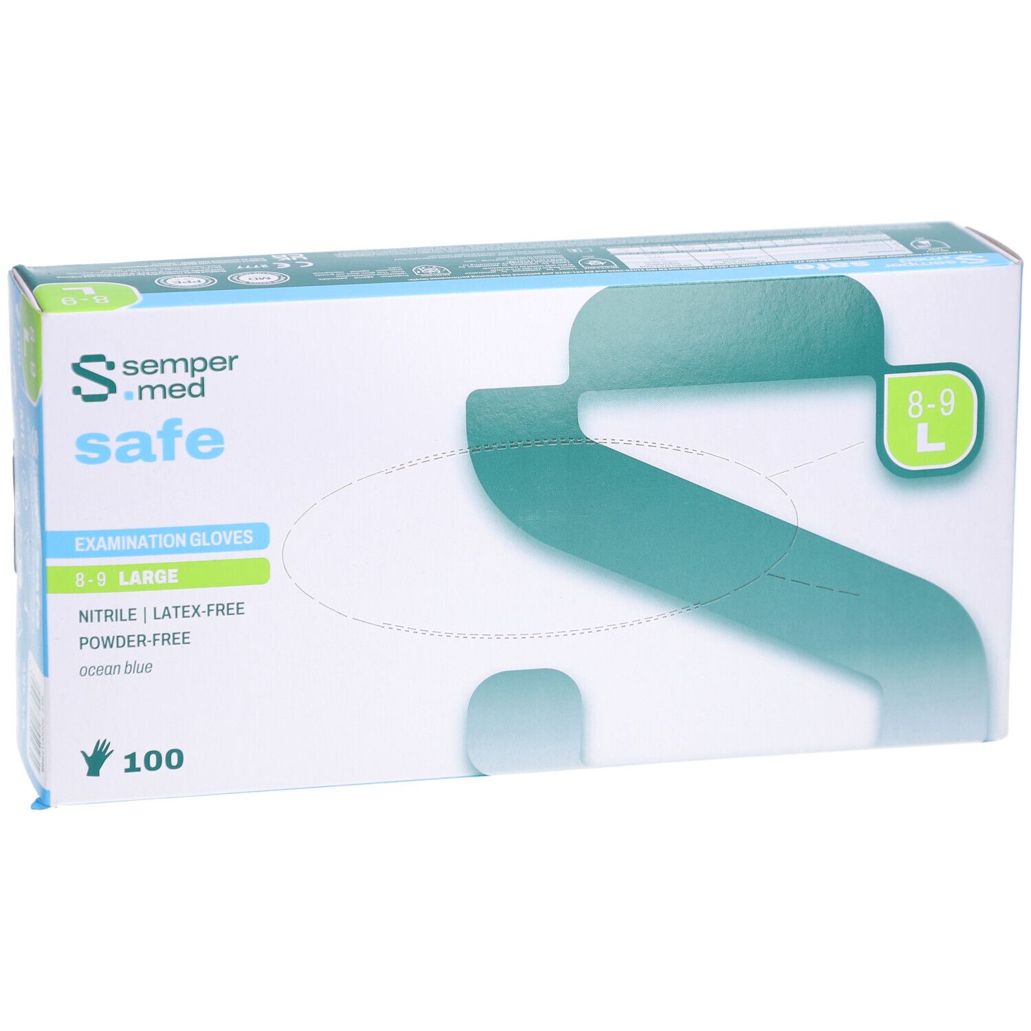 Karton mit SEMPERMED safe Untersuchungshandschuhen, Größe L, 100 Stück. Nitril, latexfrei, puderfrei. Blaue Farbe. Vorderansicht.
