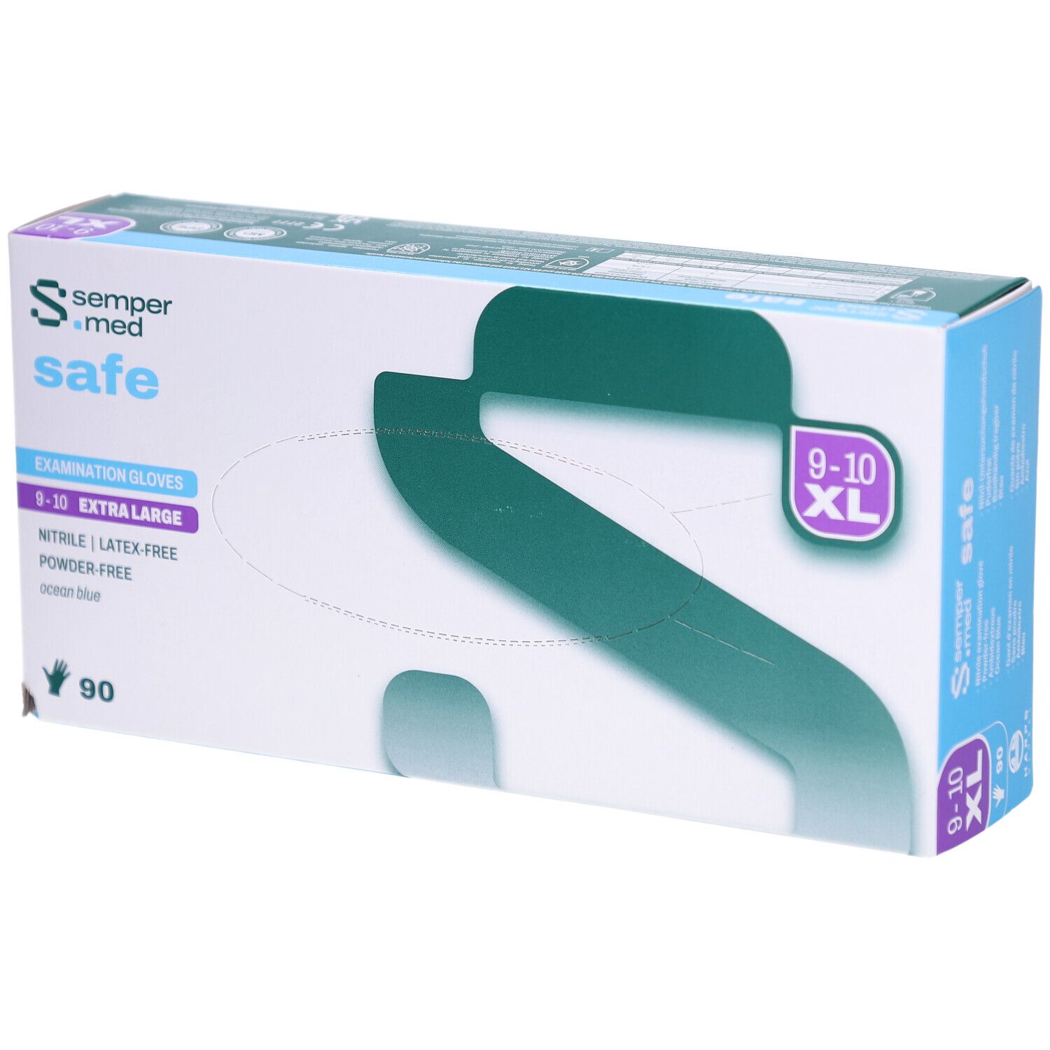 Karton mit SEMPERMED safe XL 9-10 Untersuchungshandschuhen. Nitril, latexfrei, puderfrei, ocean blue. 90 Stück.