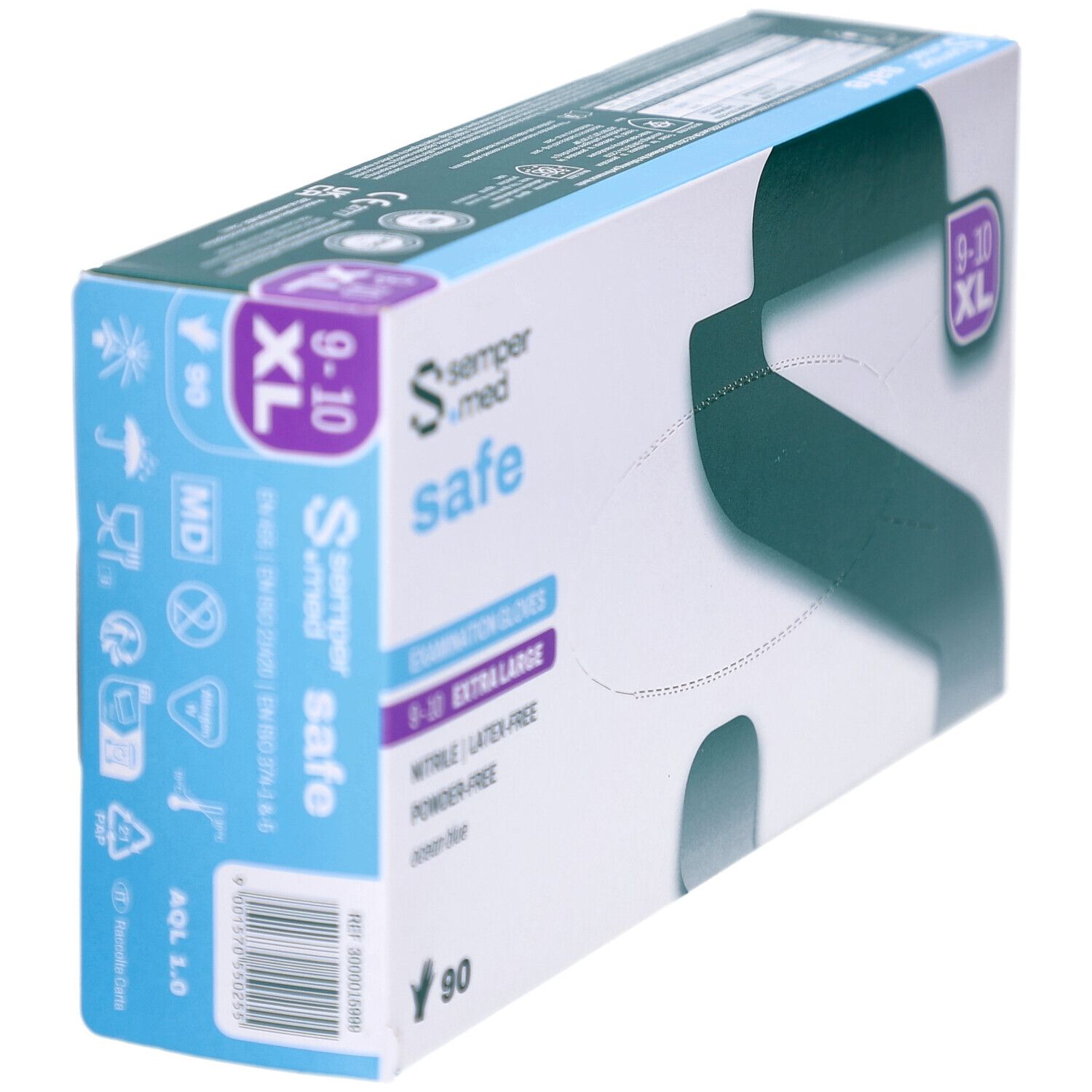 Karton SEMPERMED safe XL 9-10 Untersuchungshandschuhe. Nitril, latexfrei, puderfrei, ocean blue. 90 Stück. Seitenansicht.