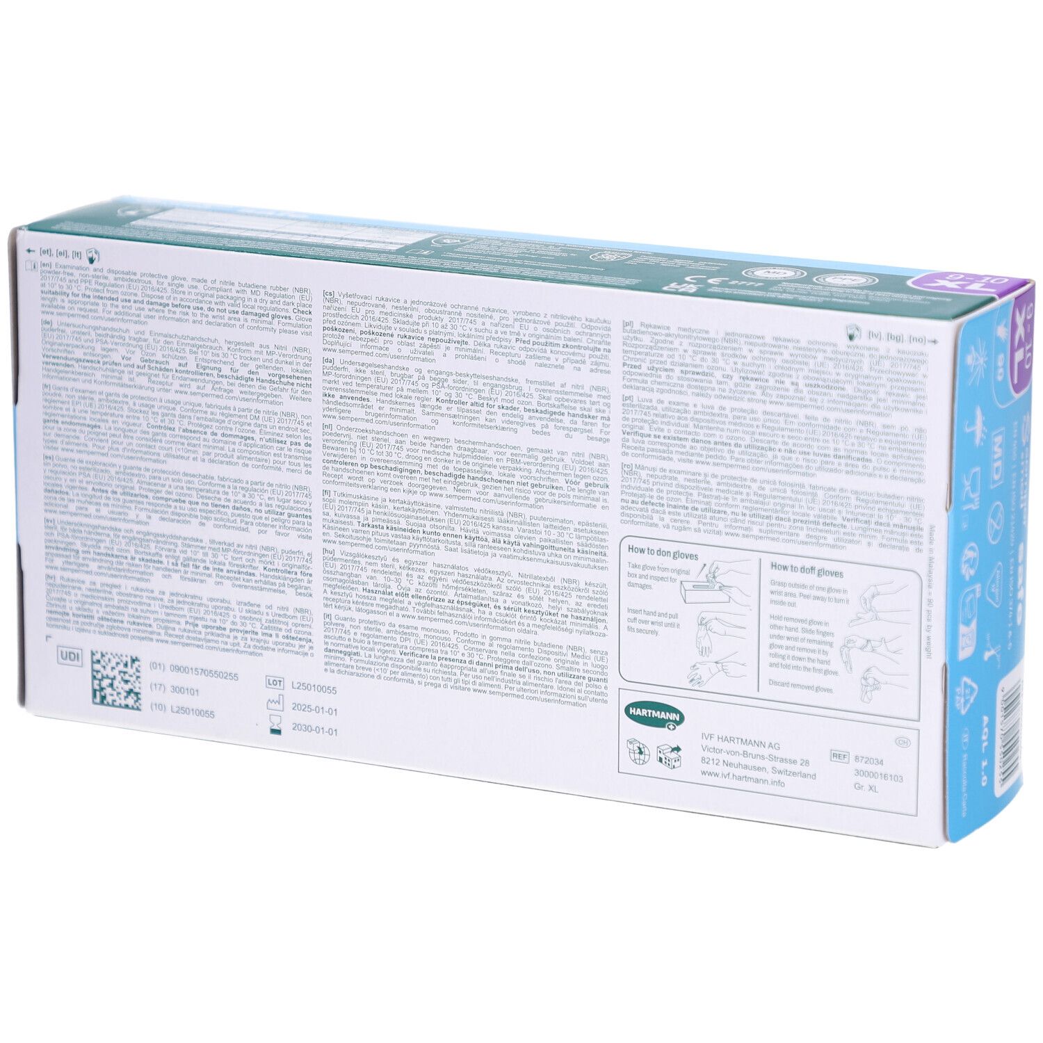 Rückseite der Verpackung von SEMPERMED safe XL 9-10 Untersuchungshandschuhen. Text und Piktogramme.