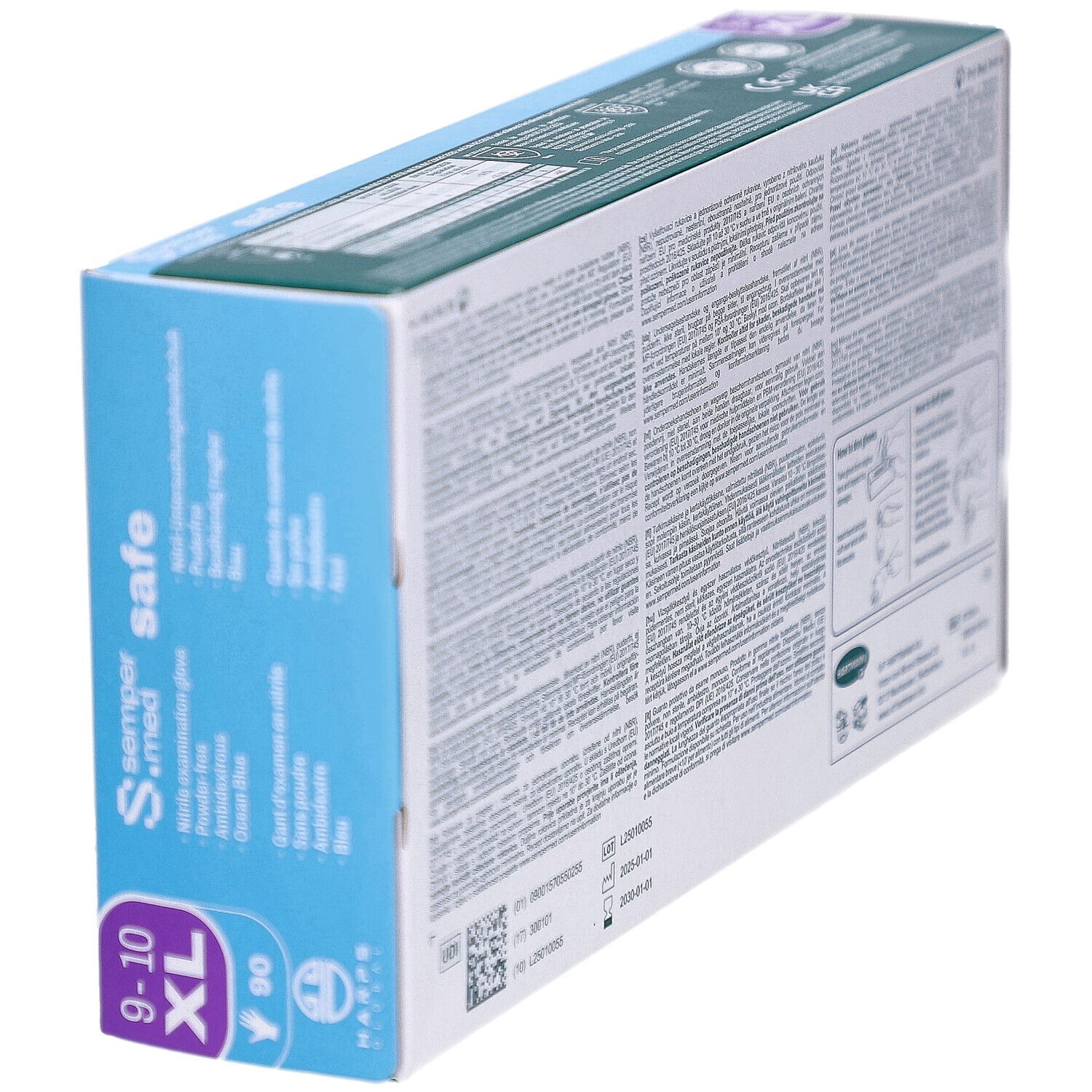 Seitenansicht der Verpackung von SEMPERMED safe XL 9-10 Untersuchungshandschuhen. Text und Piktogramme.