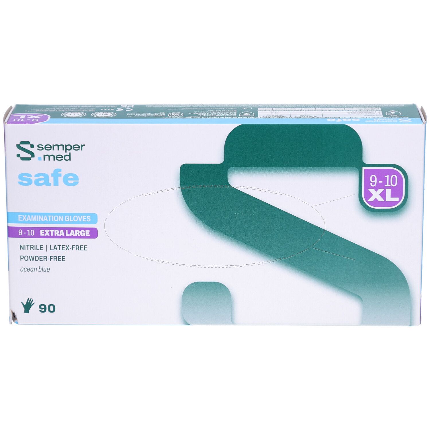 Karton mit SEMPERMED safe XL 9-10 Untersuchungshandschuhen. Nitril, latexfrei, puderfrei, ocean blue. 90 Stück.