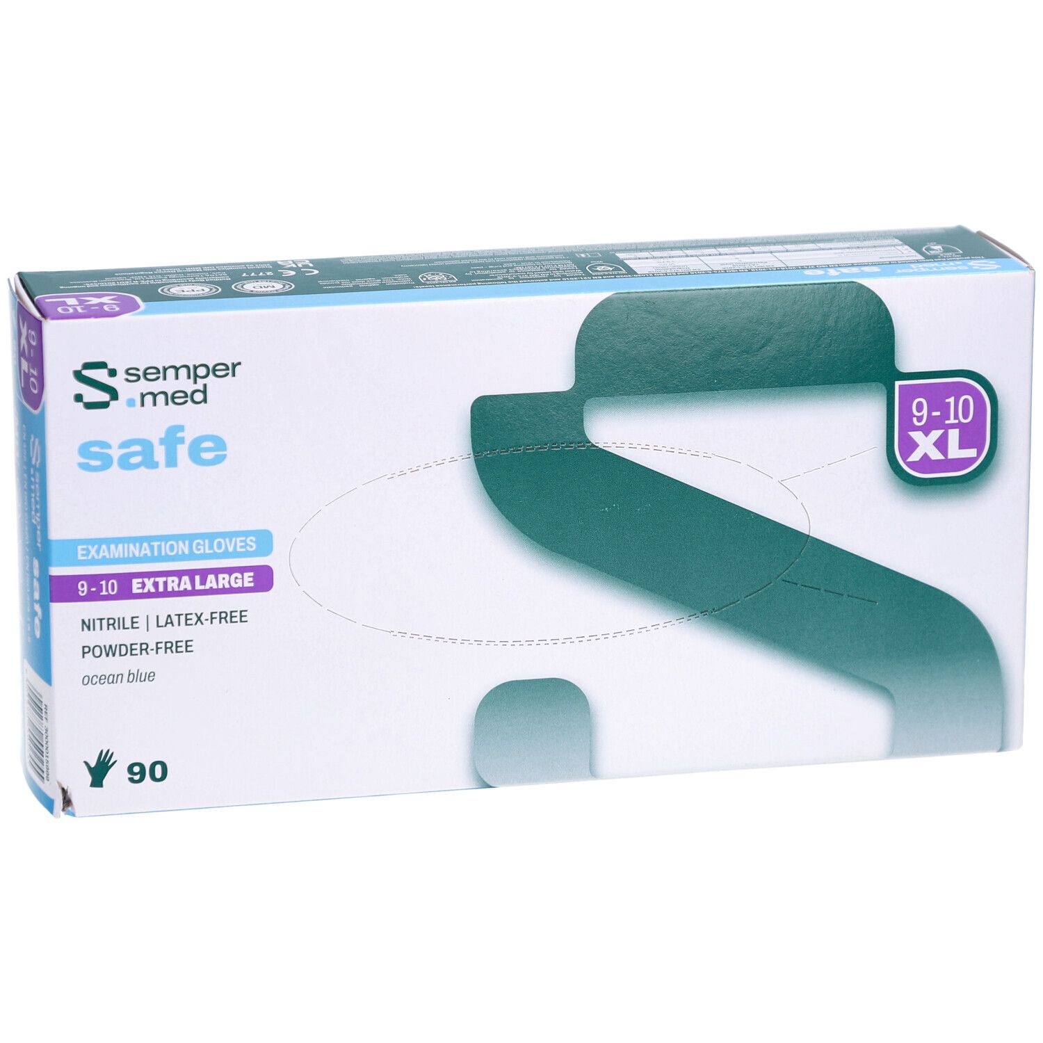 Karton mit SEMPERMED safe XL 9-10 Untersuchungshandschuhen. Nitril, latexfrei, puderfrei, ocean blue. 90 Stück.