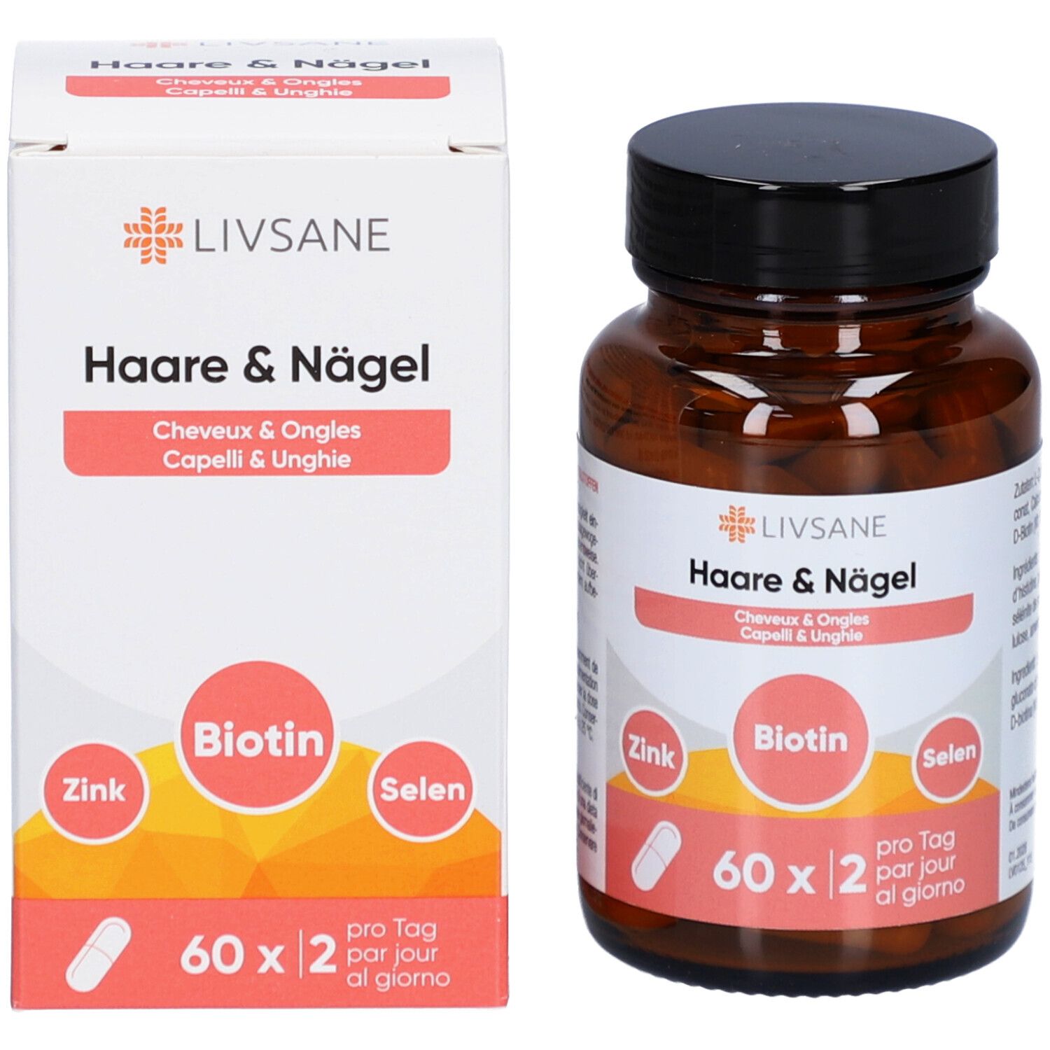Produktverpackung mit Flasche und Schachtel. Schachtel mit LIVSANE, Haare & Nägel, Biotin, Zink, Selen und 60 Kapseln.