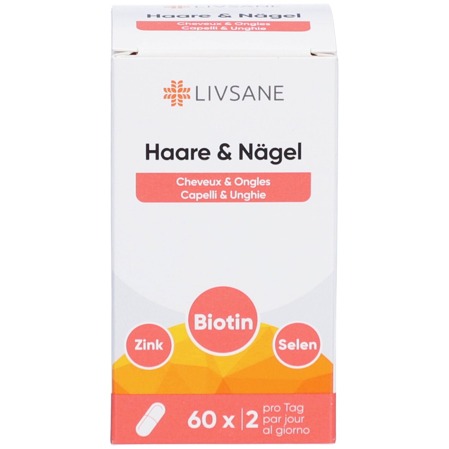 Produktverpackung. Schachtel mit LIVSANE, Haare & Nägel, Biotin, Zink, Selen und 60 Kapseln.