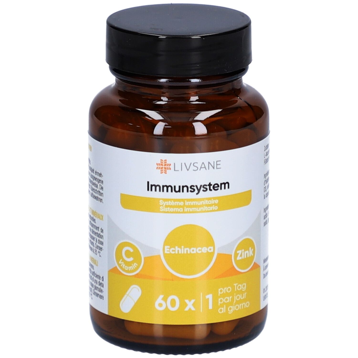Flacon en verre brun avec bouchon noir. Étiquette LIVSANE Immunsystem, Echinacea, Zinc et Vitamine C. Gélules visibles.