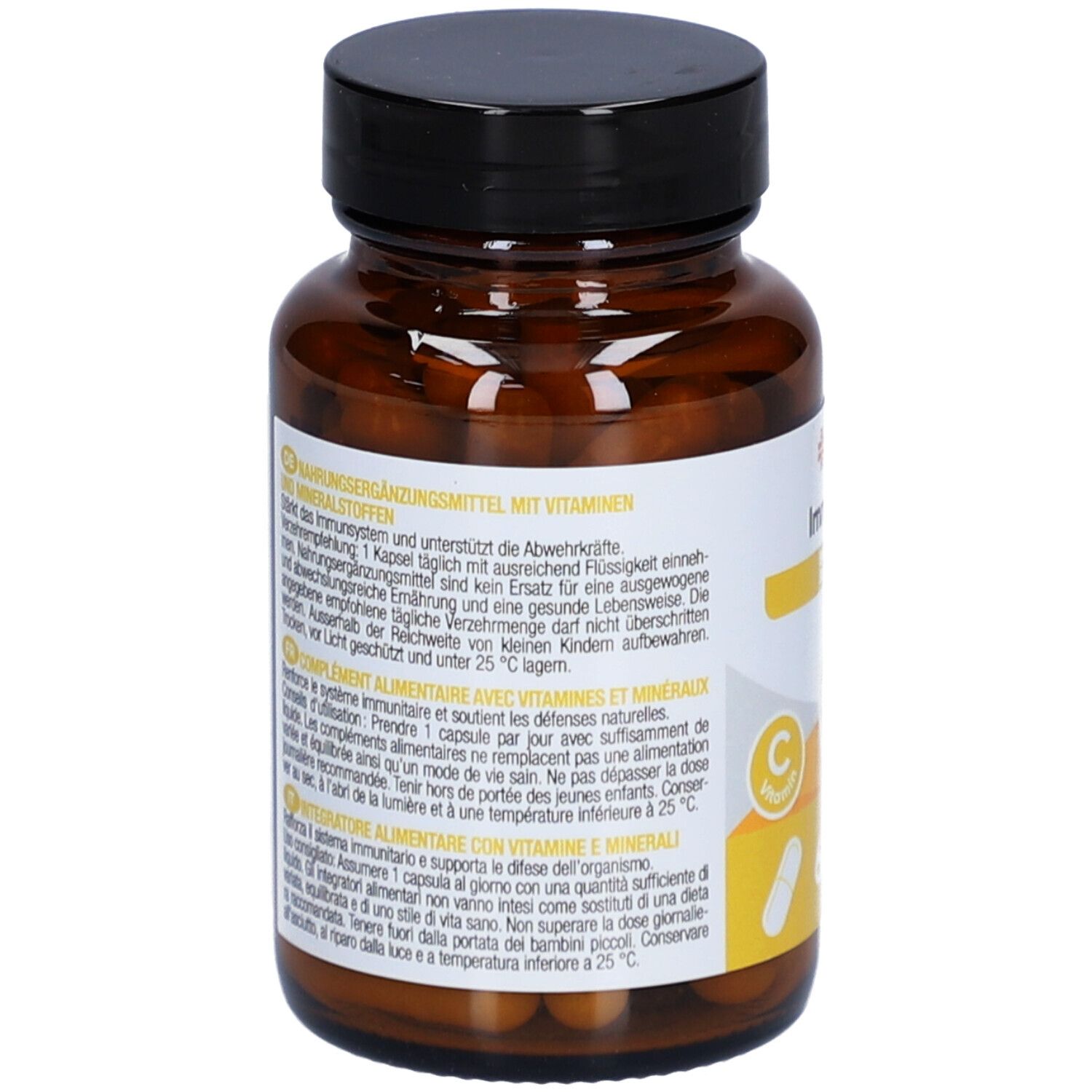 Vue arrière du flacon en verre brun avec bouchon noir. Étiquette avec texte sur les compléments alimentaires et ingrédients.