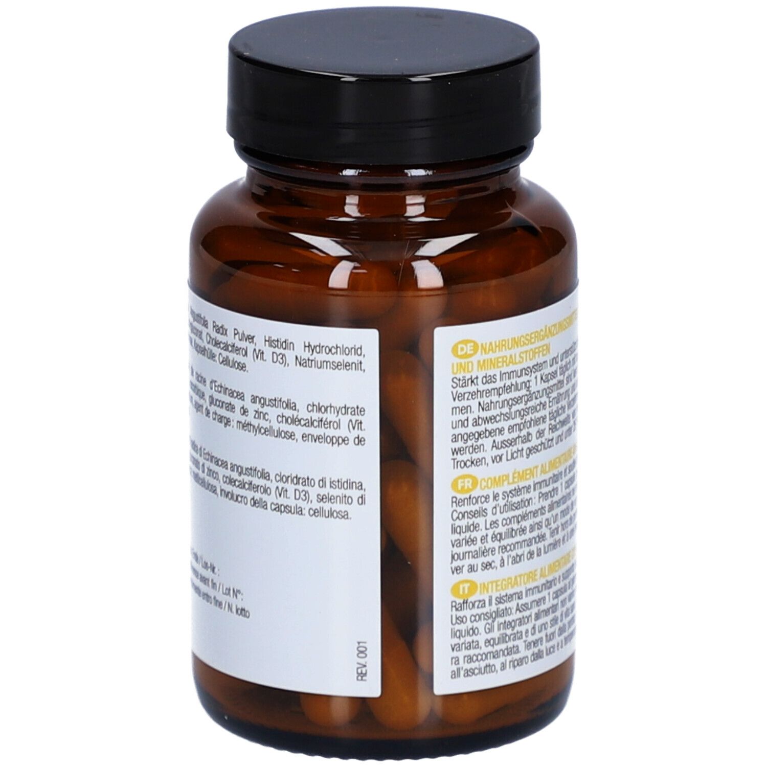 Vue arrière du flacon en verre brun avec bouchon noir. Étiquette avec ingrédients et texte en plusieurs langues.