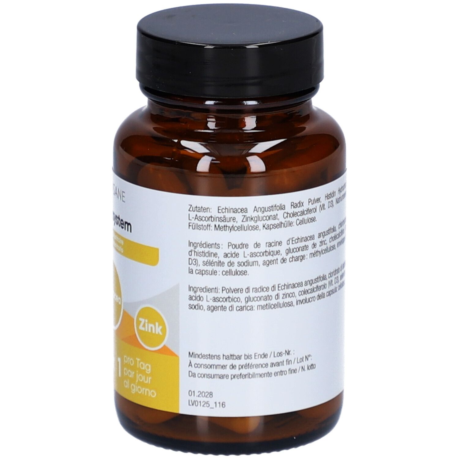 Flacon en verre brun avec bouchon noir. Étiquette avec ingrédients, date de péremption et numéro de lot.