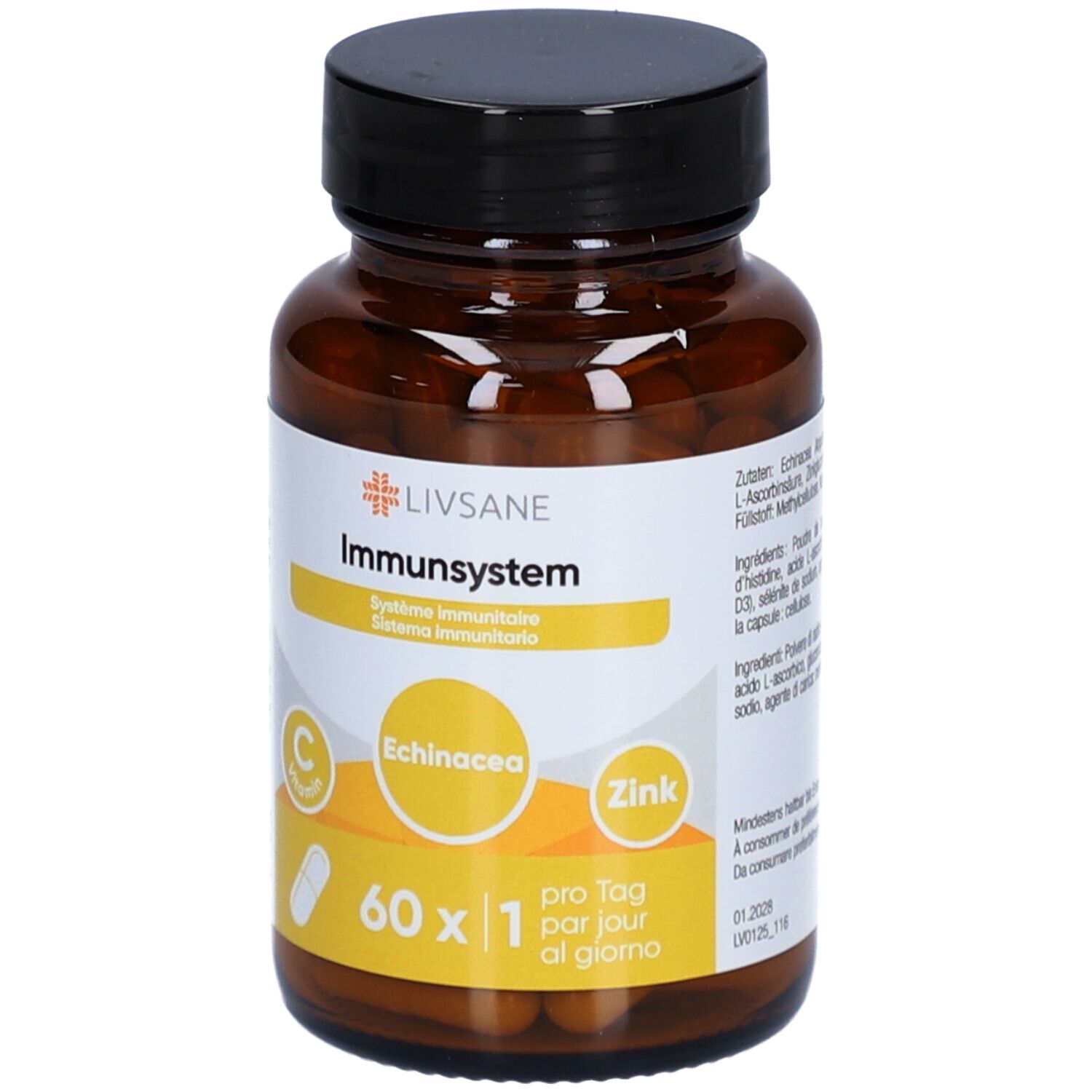 Flacon en verre brun avec bouchon noir. Étiquette LIVSANE Immunsystem, Echinacea, Zinc et Vitamine C. Gélules visibles.