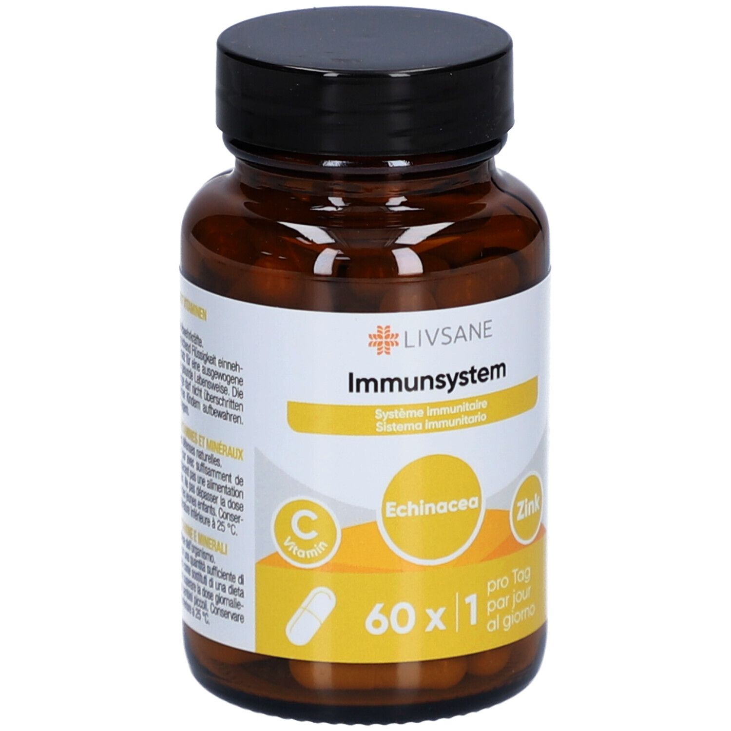 Flacon en verre brun avec bouchon noir. Étiquette LIVSANE Immunsystem, Echinacea, Zinc et Vitamine C. Gélules visibles.