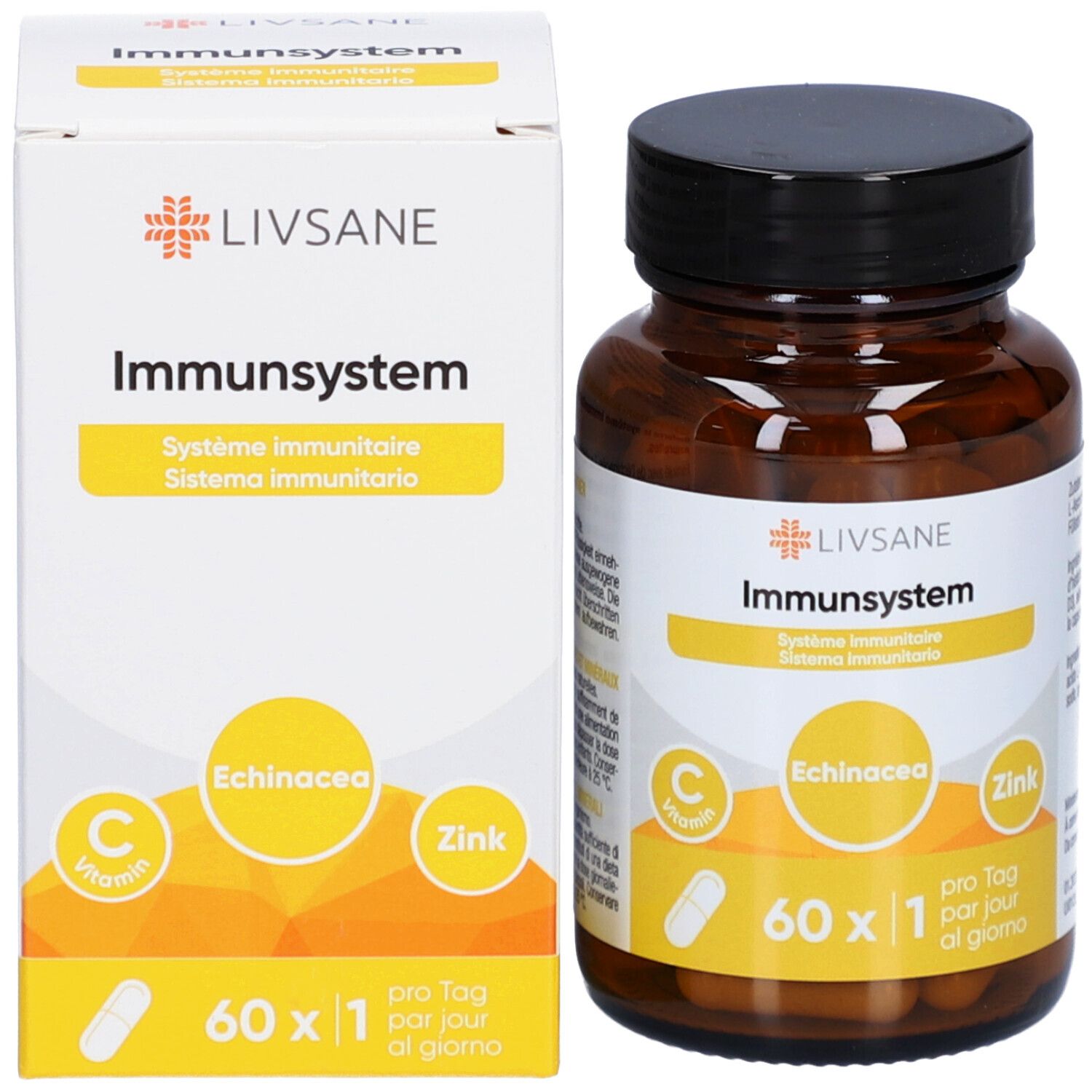 Flacon en verre brun et boîte. Sur le flacon : LIVSANE Immunsystem, Echinacea, Zinc, Vitamine C. Sur la boîte : même design.