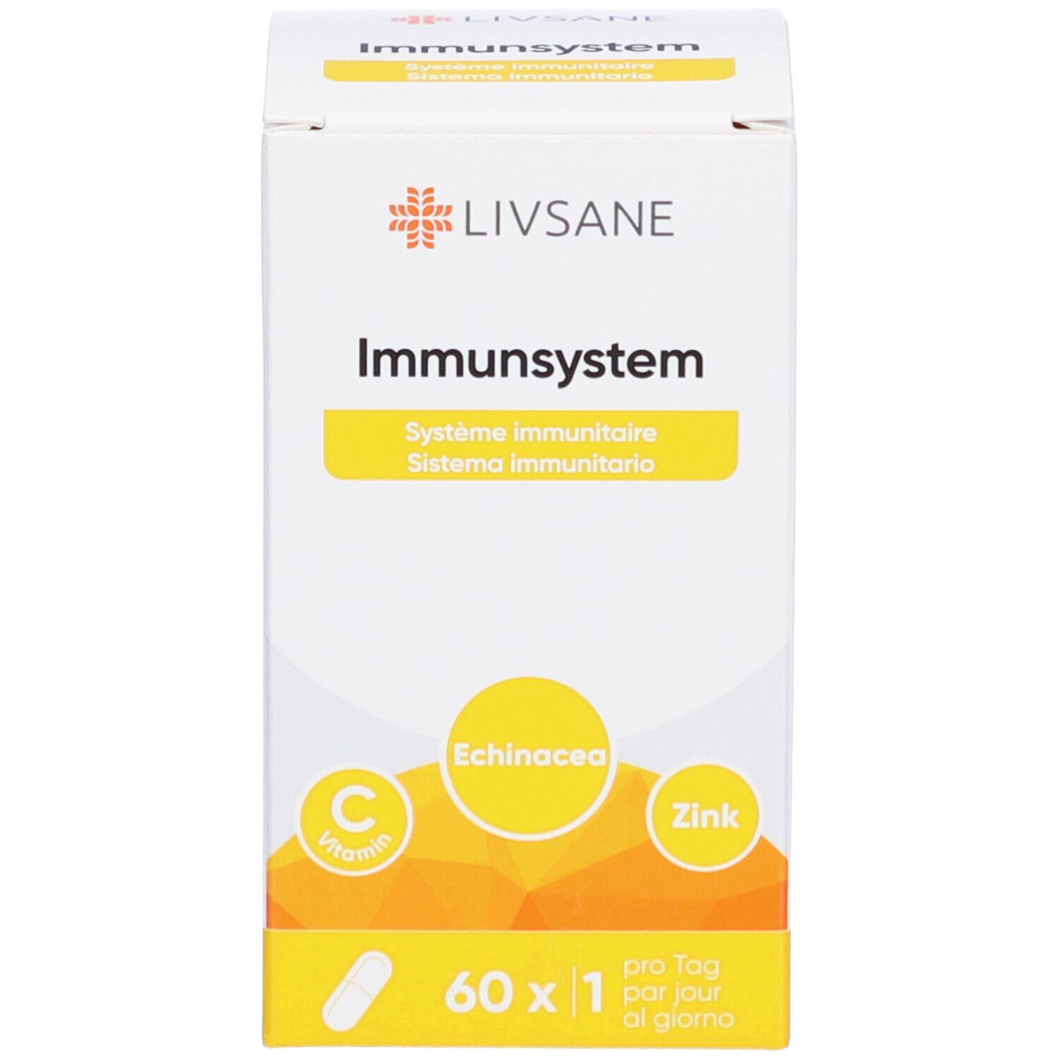 Boîte blanche avec LIVSANE Immunsystem, Echinacea, Zinc et Vitamine C. Illustration de gélule et texte.