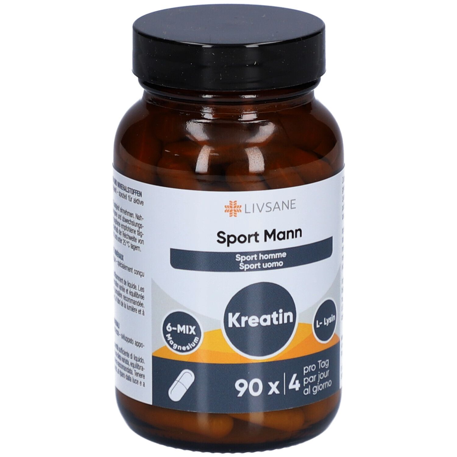 Flacon brun avec bouchon noir. Inscription: LIVSANE Sport Mann, créatine, L-Lysine. Contient 90 gélules.