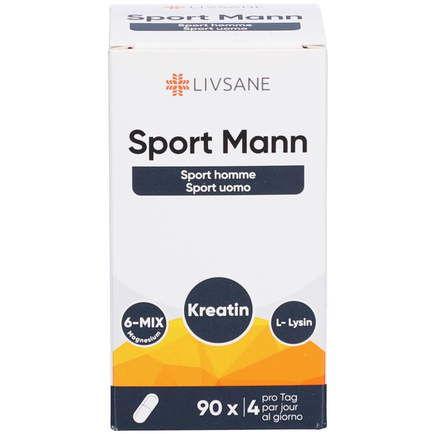 Emballage du produit. Inscription: LIVSANE Sport Mann, créatine, L-Lysine. Contient 90 gélules. Avec 6-MIX Magnésium.