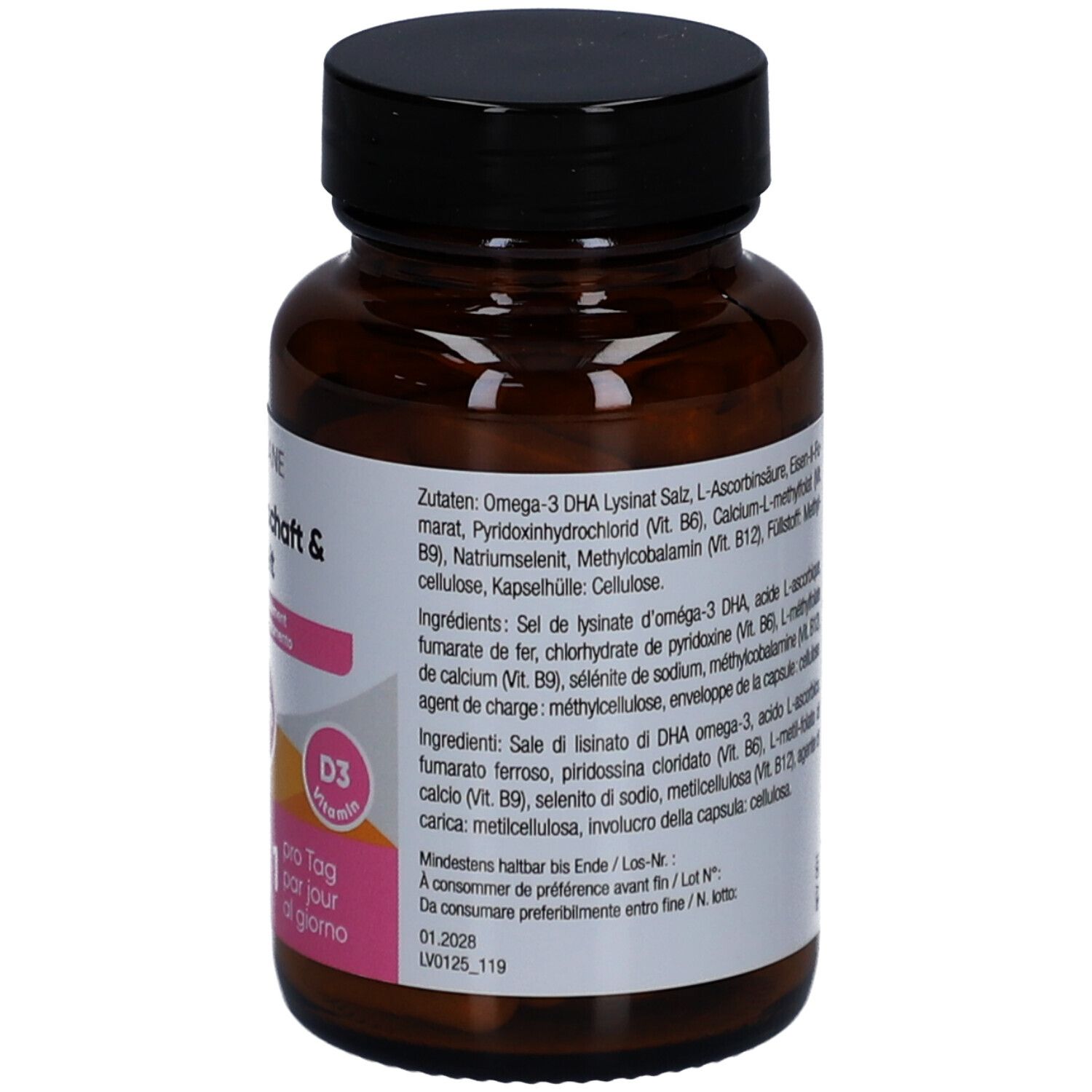 Flacon brun avec bouchon noir. Vue détaillée de la liste des ingrédients et des informations nutritionnelles.
