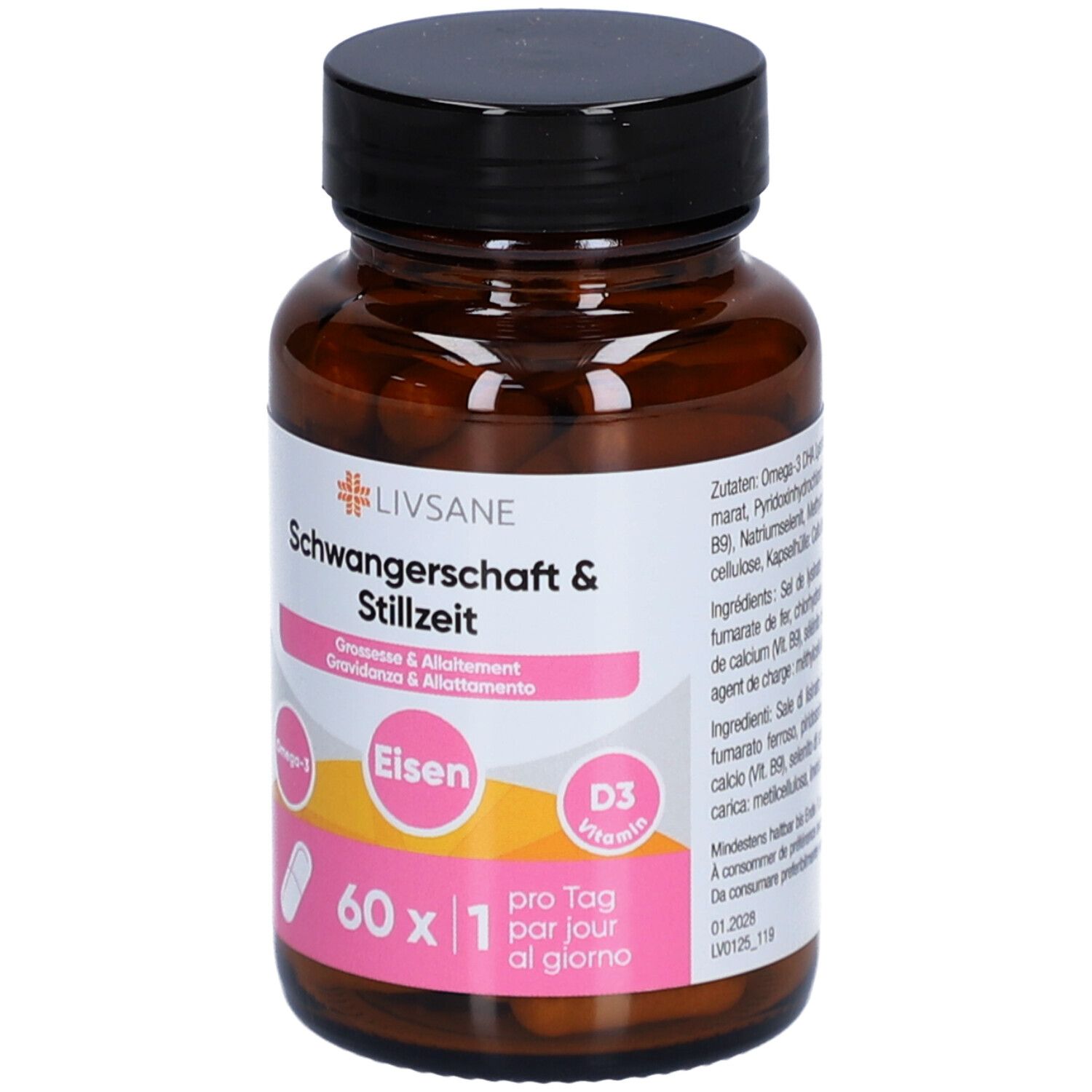 Flacon brun avec bouchon noir. Étiquette LIVSANE, Grossesse & Allaitement, Fer, Vitamine D3, 60 gélules.