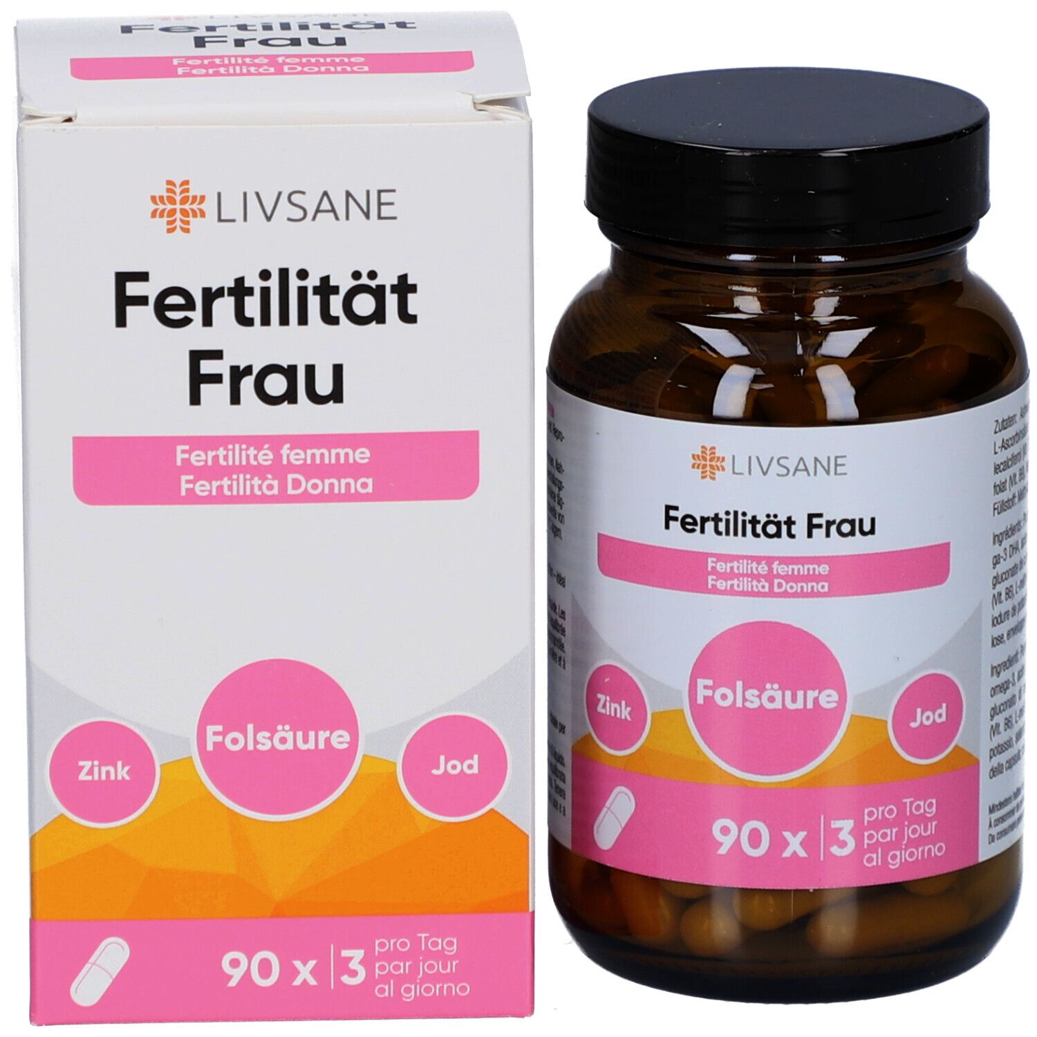 Glasflasche und Schachtel. Schachtel mit LIVSANE, Fertilität Frau, Folsäure, Zink, Jod. Flasche daneben.
